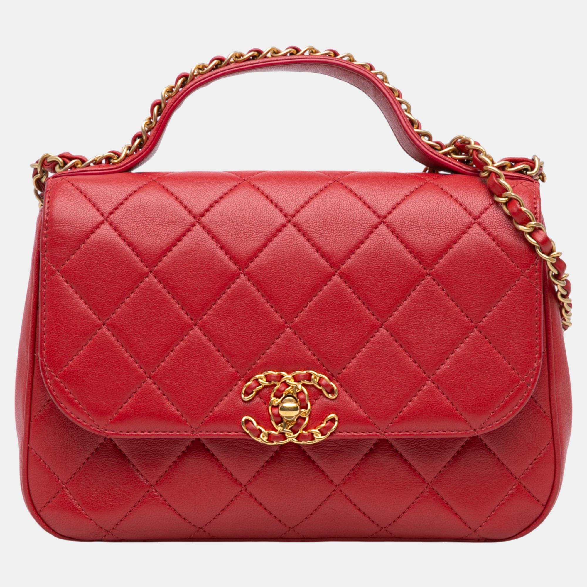 

Chanel Red Quilted Lambskin Chain Infinity Top Handle Flap