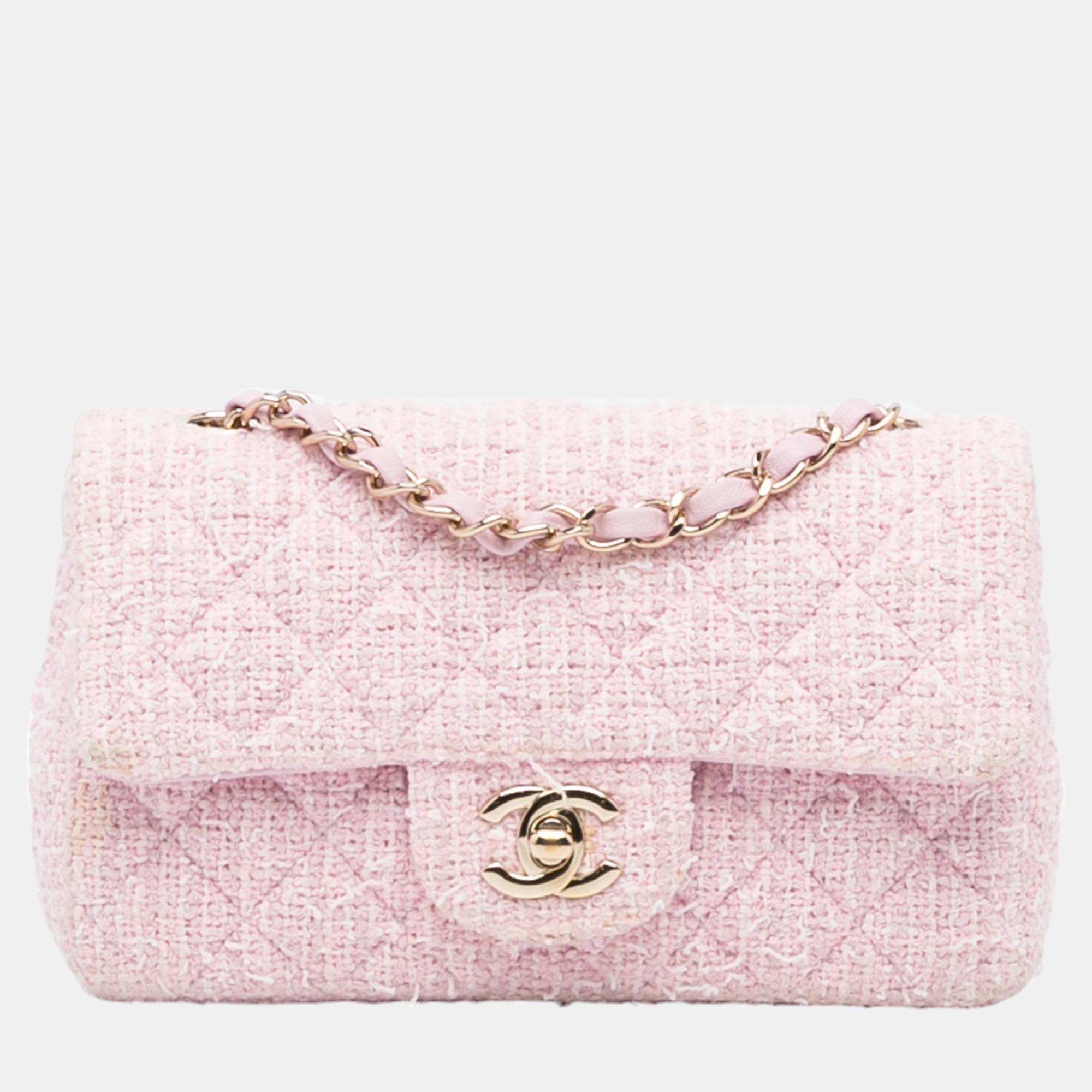 

Chanel Pink Mini Classic Rectangular Tweed Flap