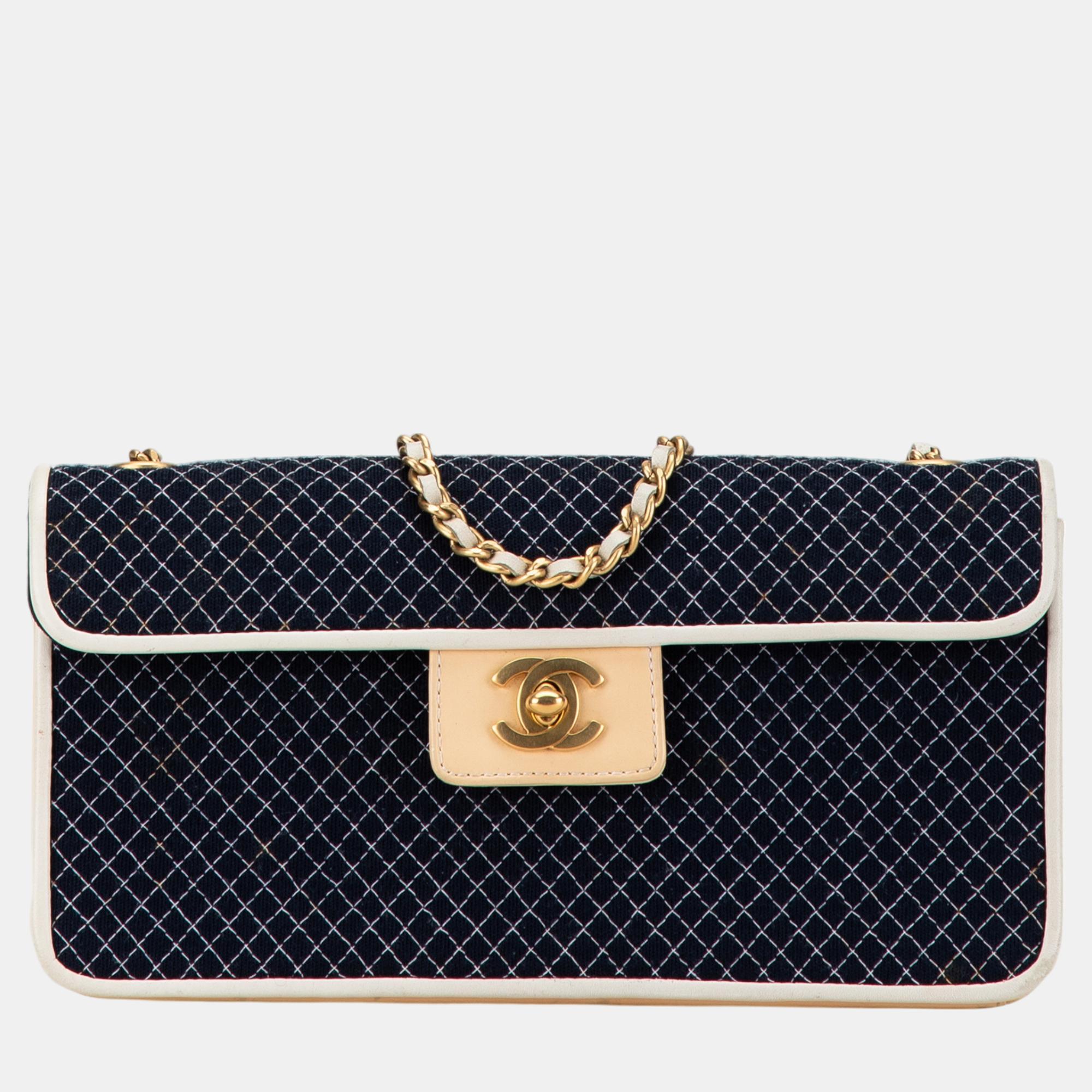 

Chanel Navy Blue Small Quilted Jersey East West Flap