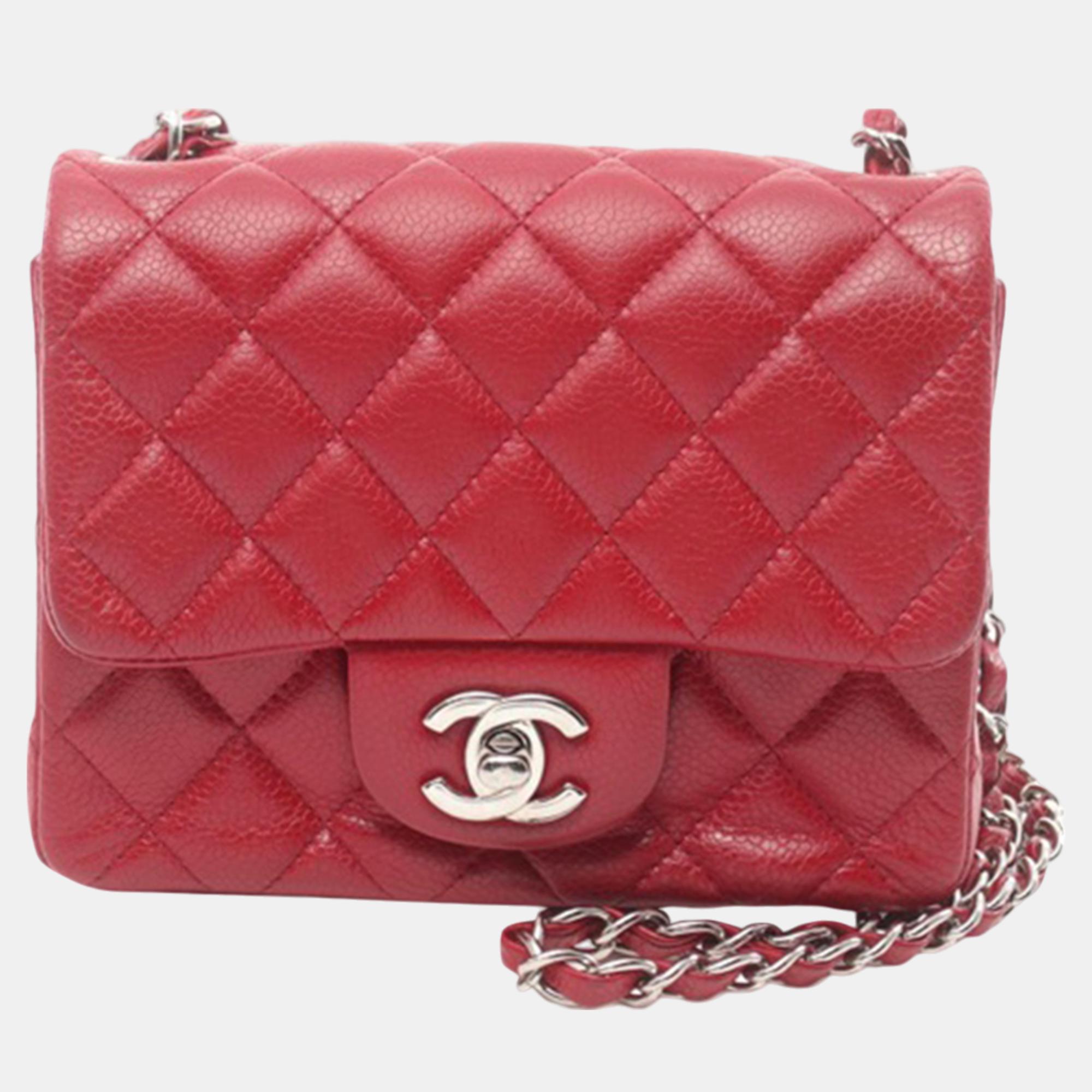 

Chanel Red Mini Square Classic Caviar Single Flap