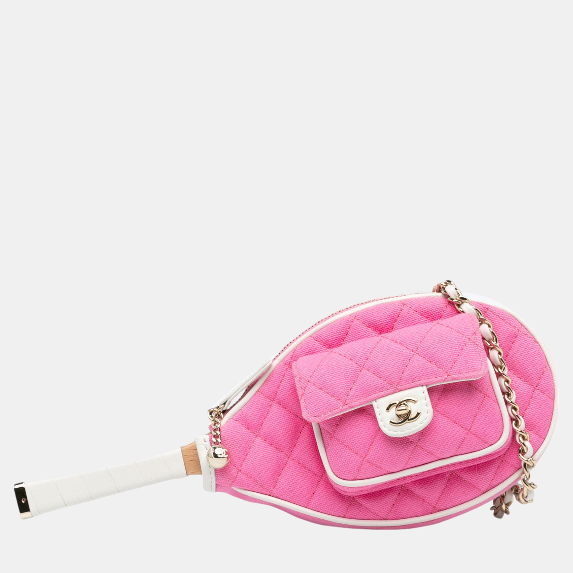 

Chanel Pink Canvas Tennis Racket Mirror and Crossbody Set