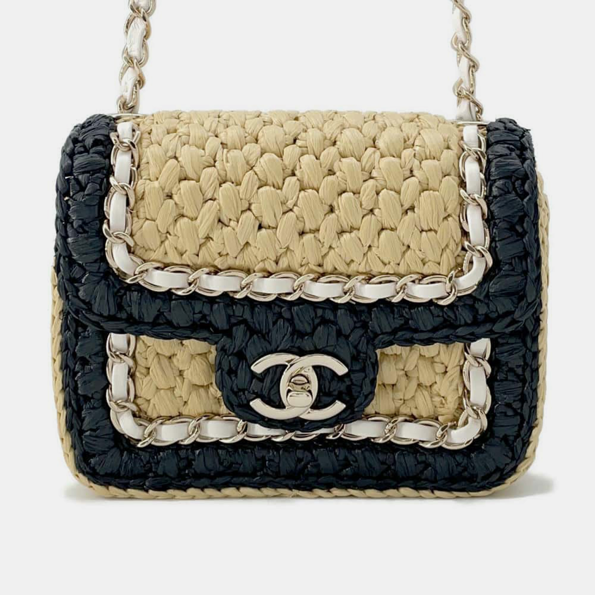 

Chanel Black/White/Beige Blade Raffia Lambskin Flap Bag Mini