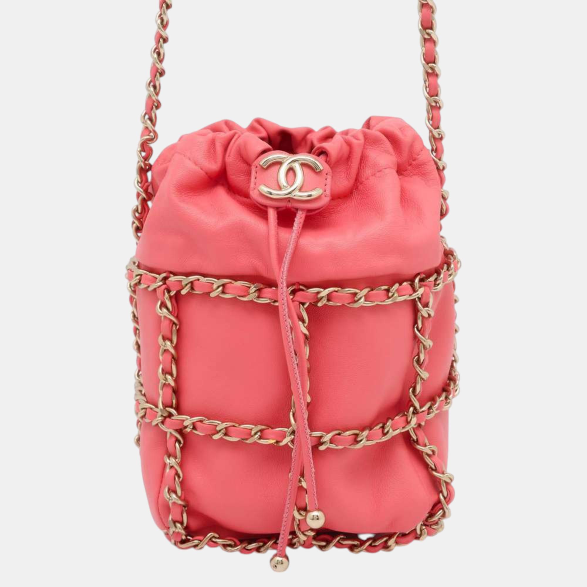 

Chanel Pink Lambskin CC Logo Drawstring Bag