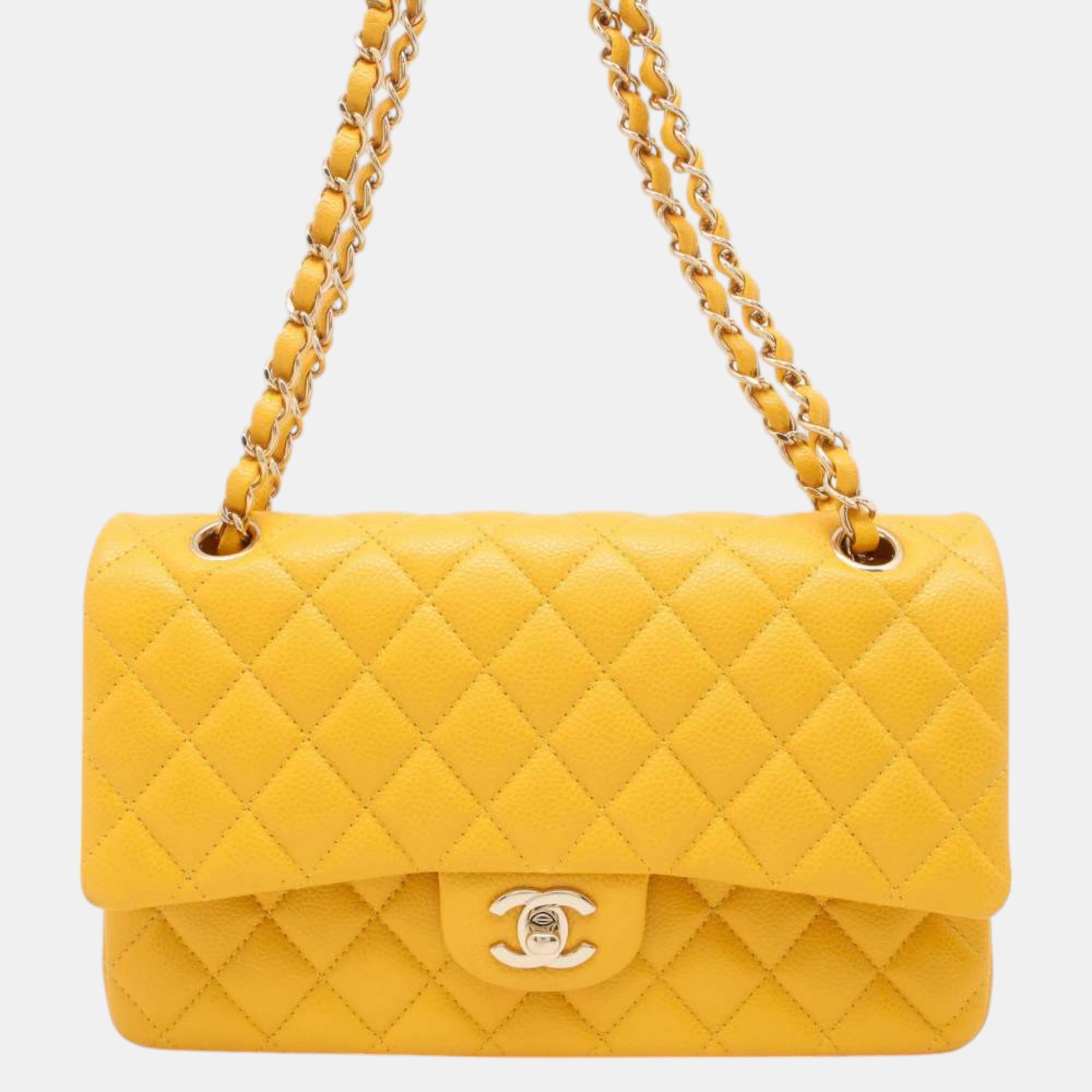 

Chanel Yellow Caviar Leather Matelasse W Flap W Chain Shoulder bag Size