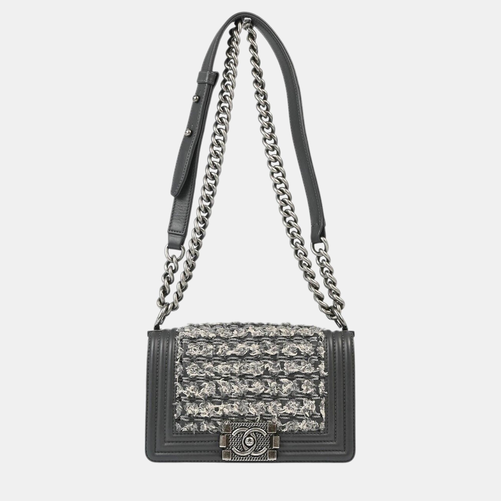 

Chanel Boy Gray Lambskin Tweed Small Chain Shoulder Bag, Black