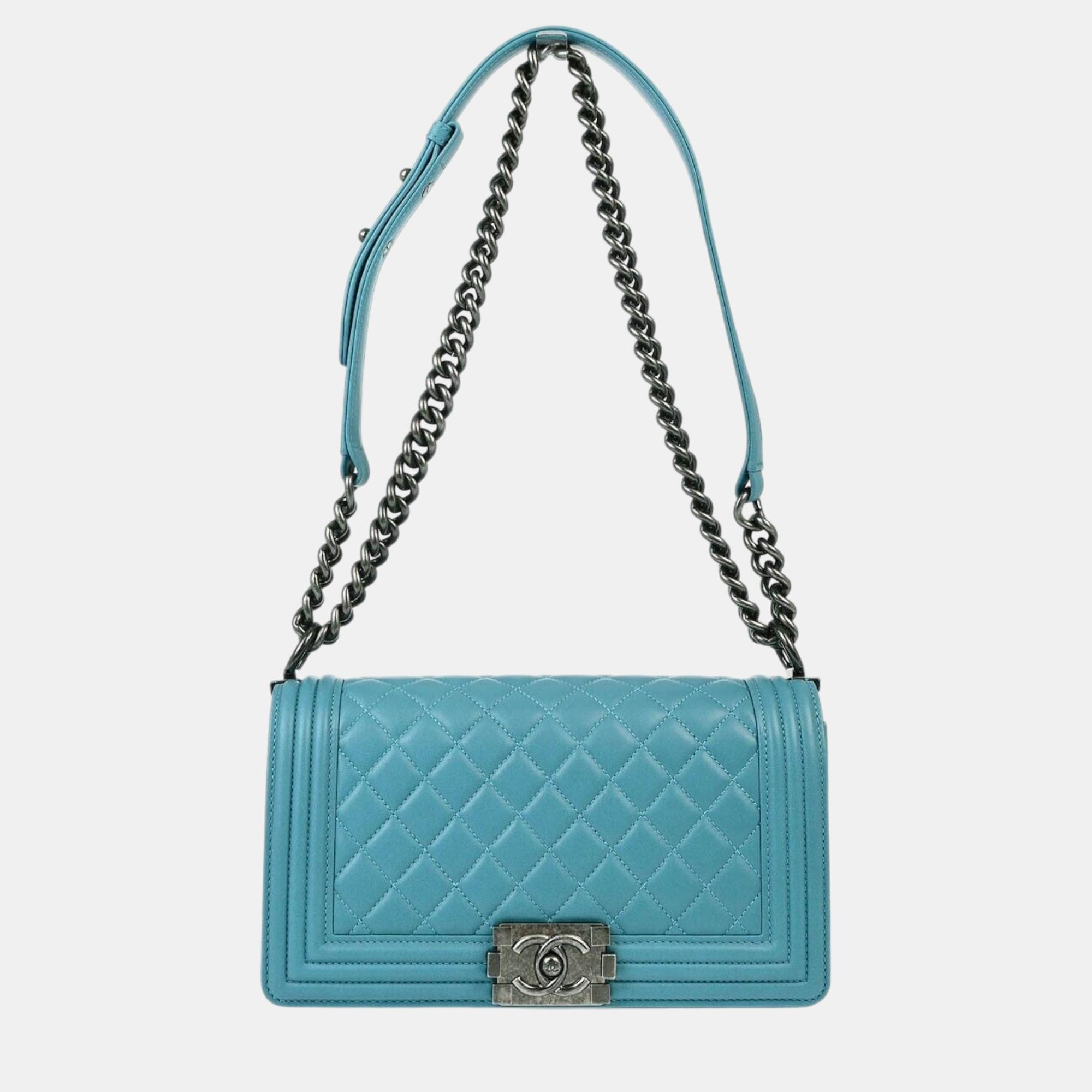 

Chanel Blue Lambskin Medium Boy Double Chain Shoulder Bag