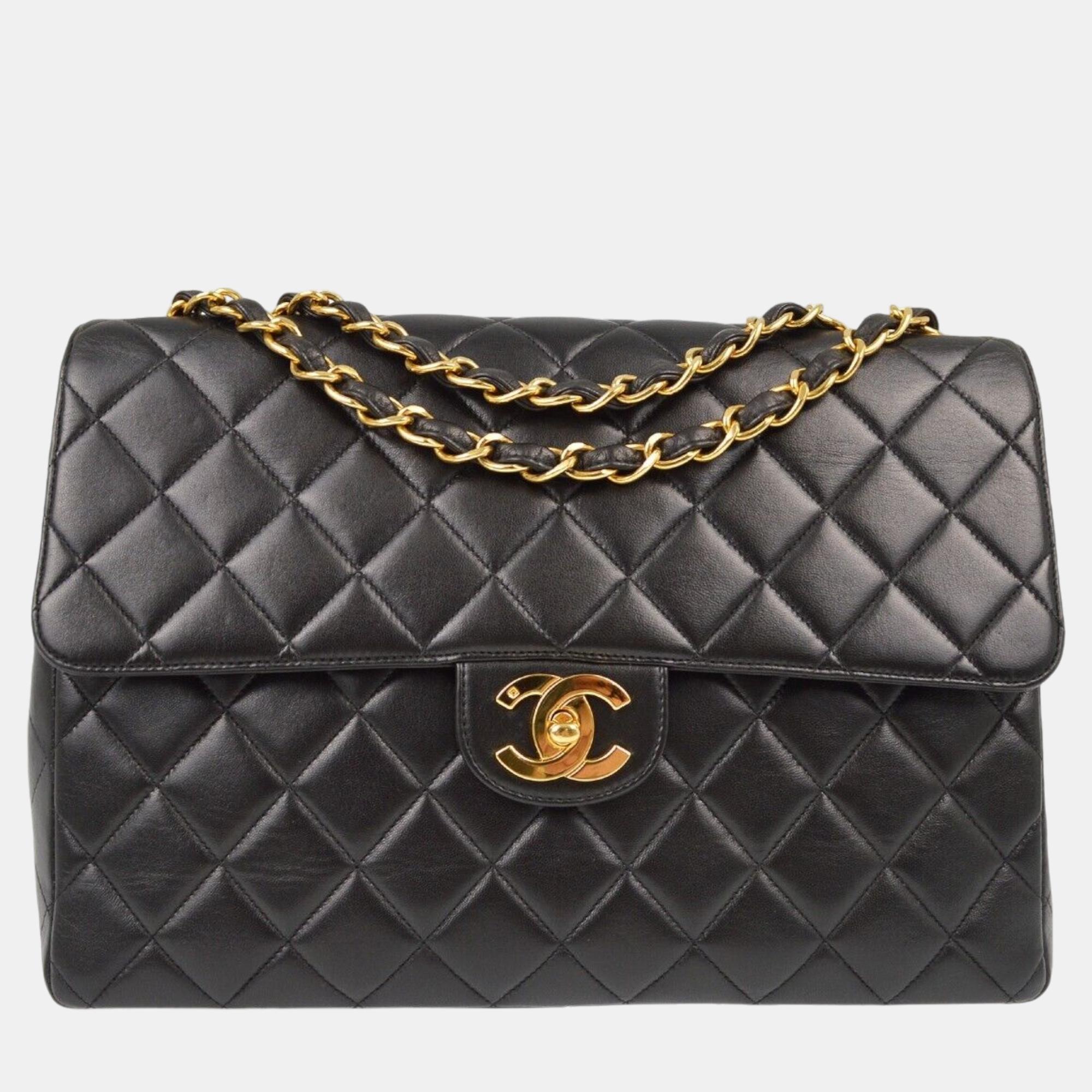 

Chanel Black Lambskin Jumbo Stainless Steel Flap Shoulder Bag