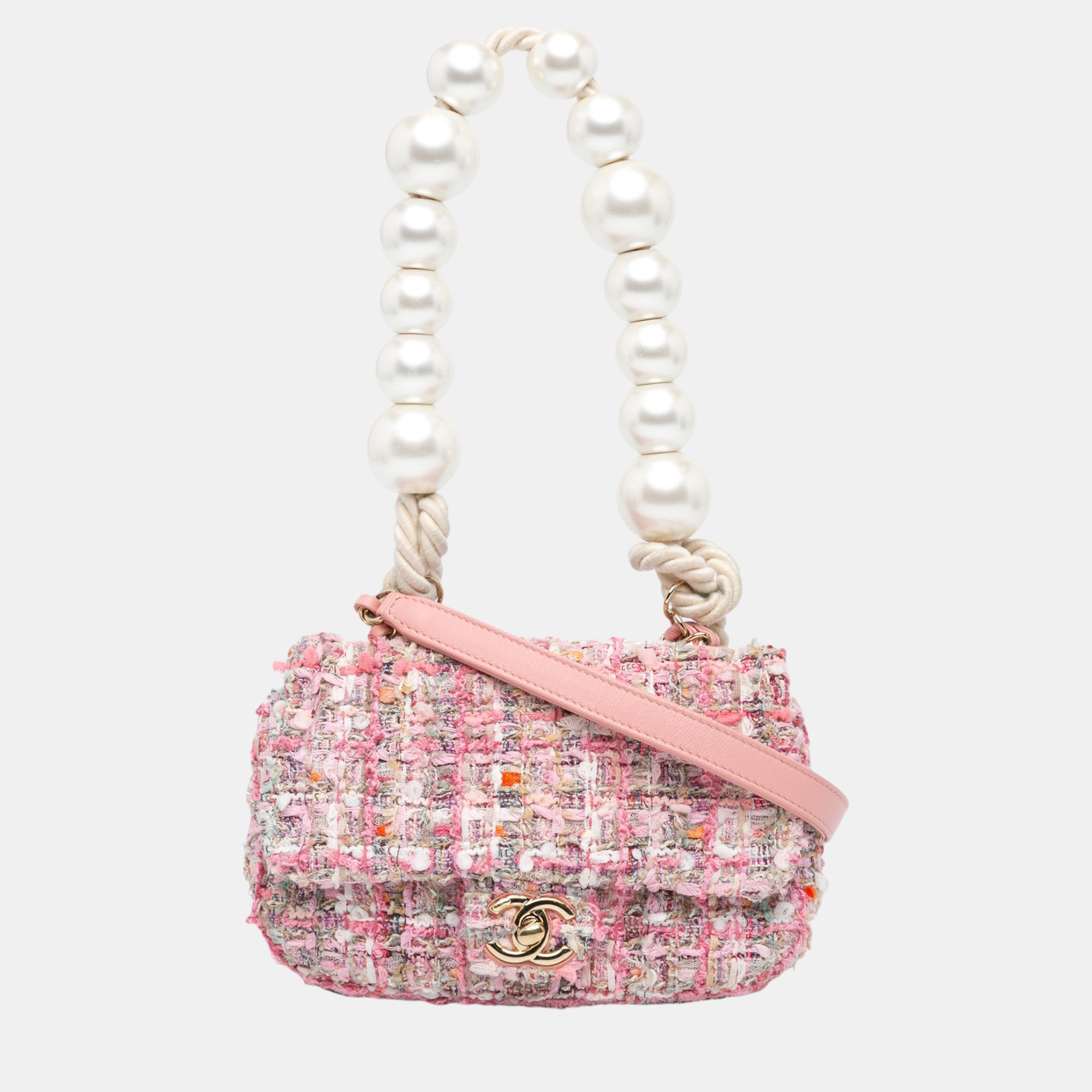 

Chanel Pink Mini Tweed Pearl Handle Flap