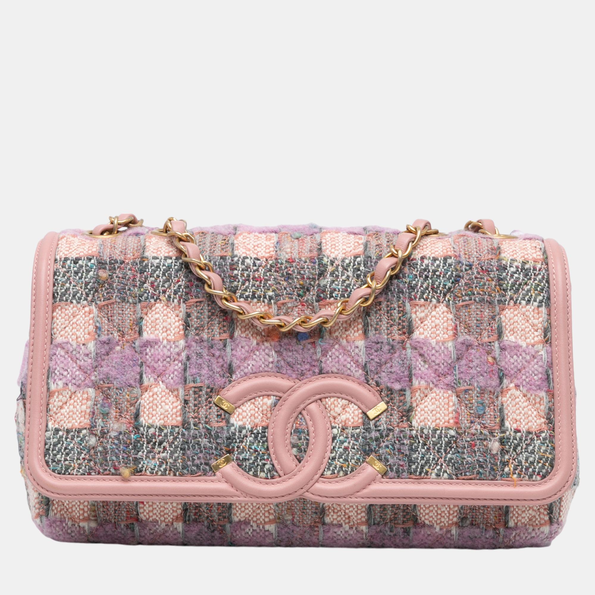 

Chanel Pink Medium Tweed CC Filigree Flap