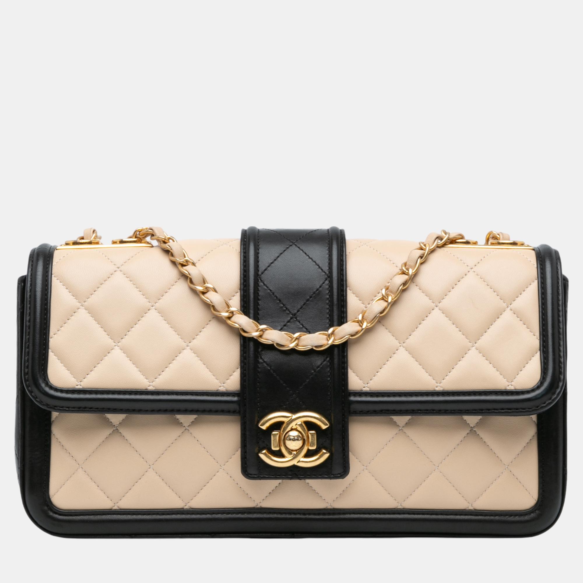 

Chanel Beige/Black Large Quilted Lambskin Elegant CC Flap