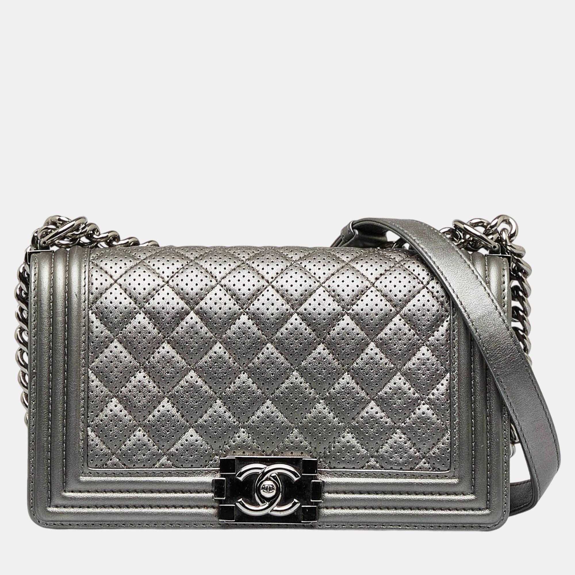 

Chanel Silver Medium Perforated Lambskin Boy Flap