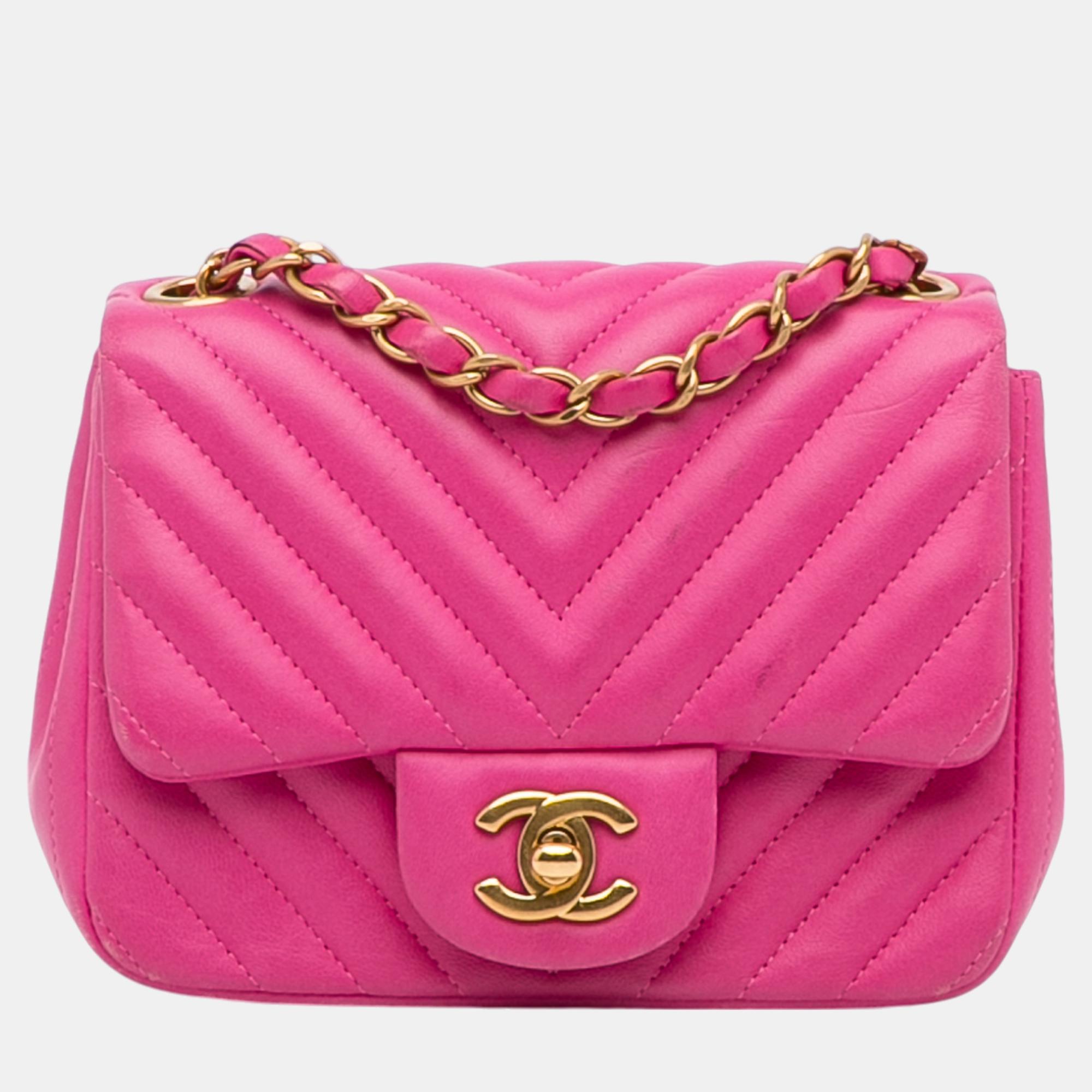 

Chanel Pink Mini Square Classic Chevron Lambskin Flap