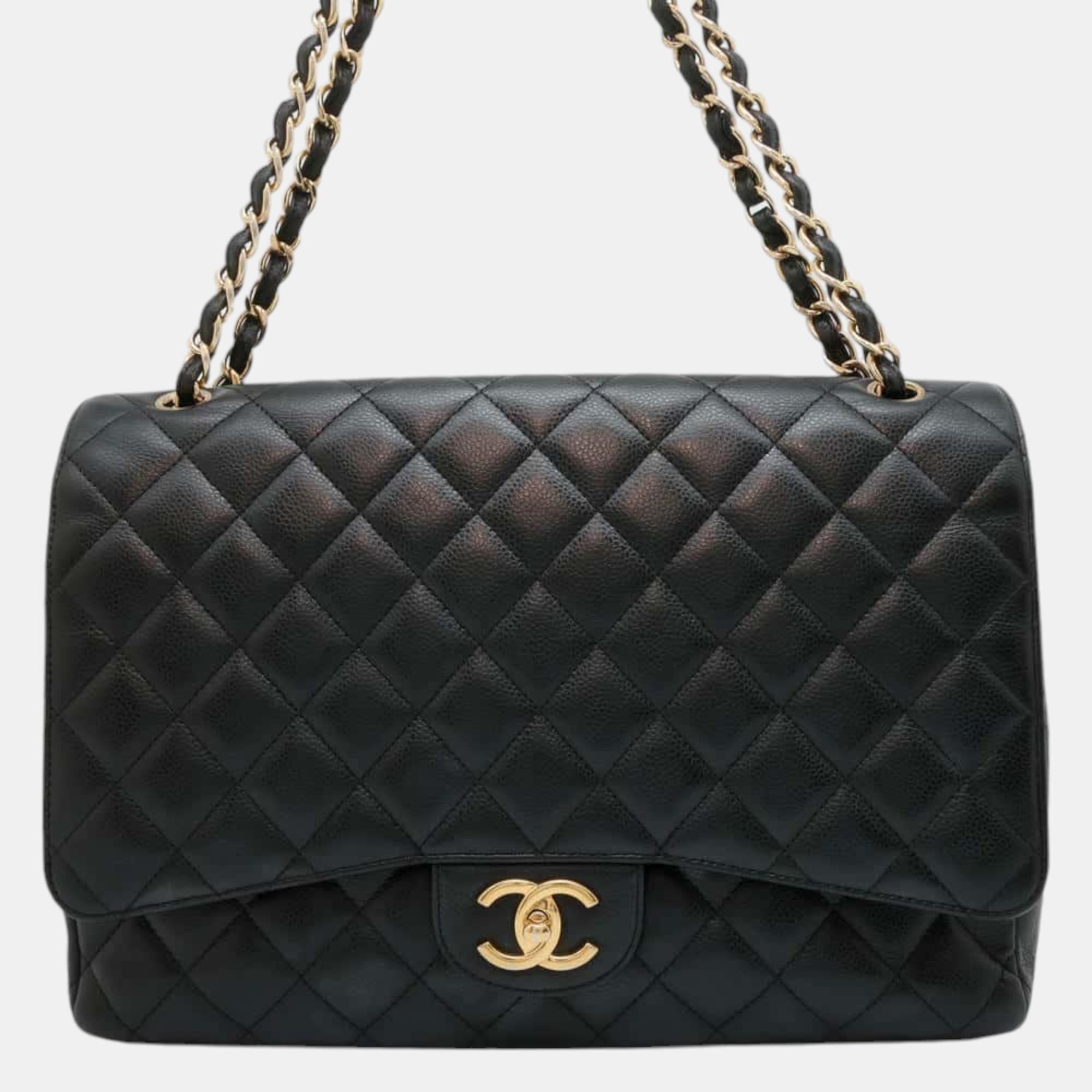 

Chanel Black Caviar Leather Jumbo Matelasse W Flap Chain Shoulder Bag Size