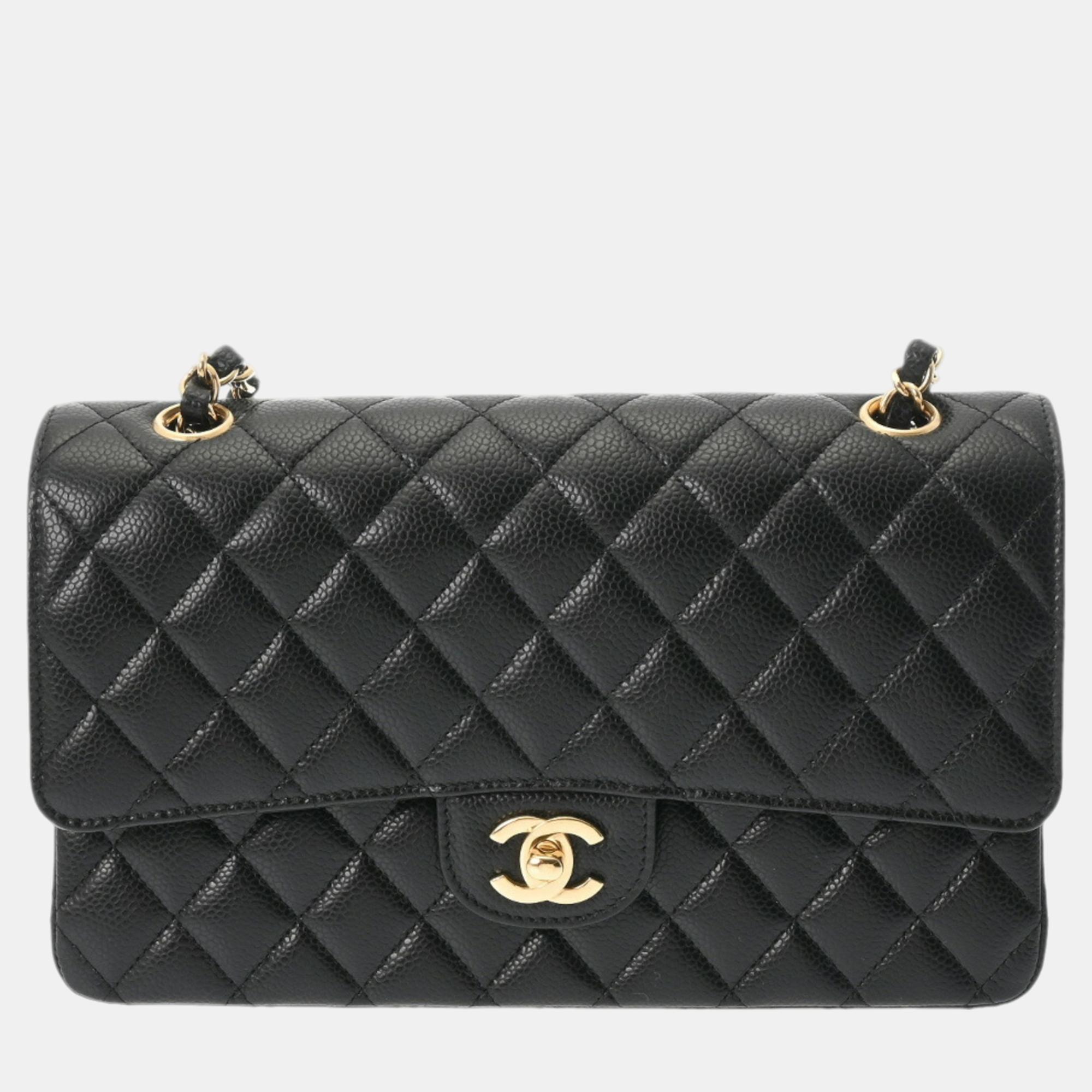 

Chanel Black Caviar Skin Matelasse Chain Shoulder Double Flap  Bag