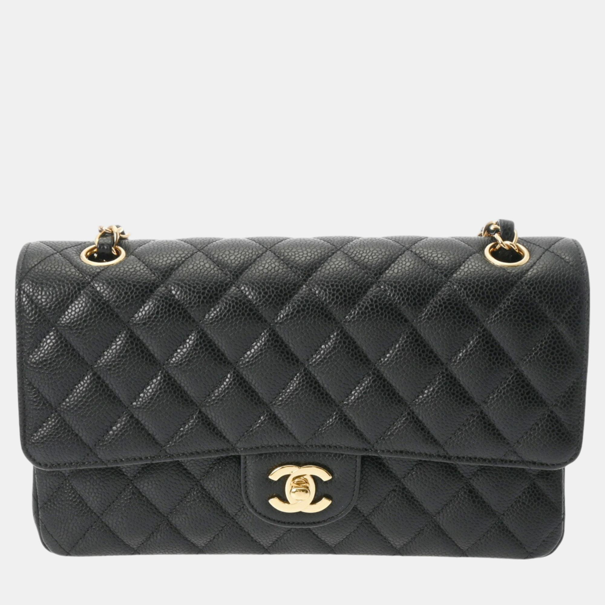 

Chanel Black Caviar Skin Matelasse Chain Shoulder Double Flap  Bag