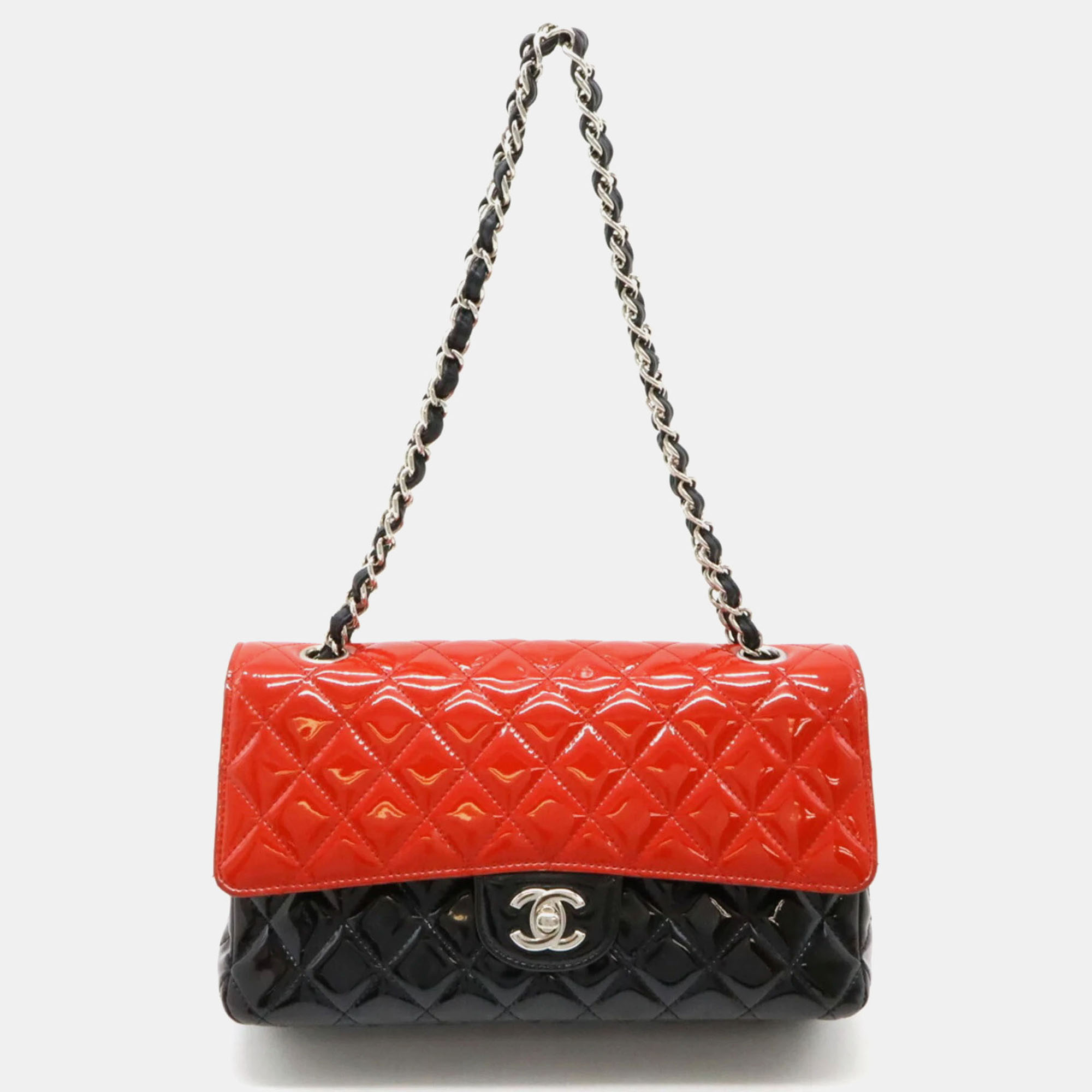 

Chanel Black Red Bicolor Patent Leather Matelasse 25 Coco Mark Double Chain Shoulder Bag