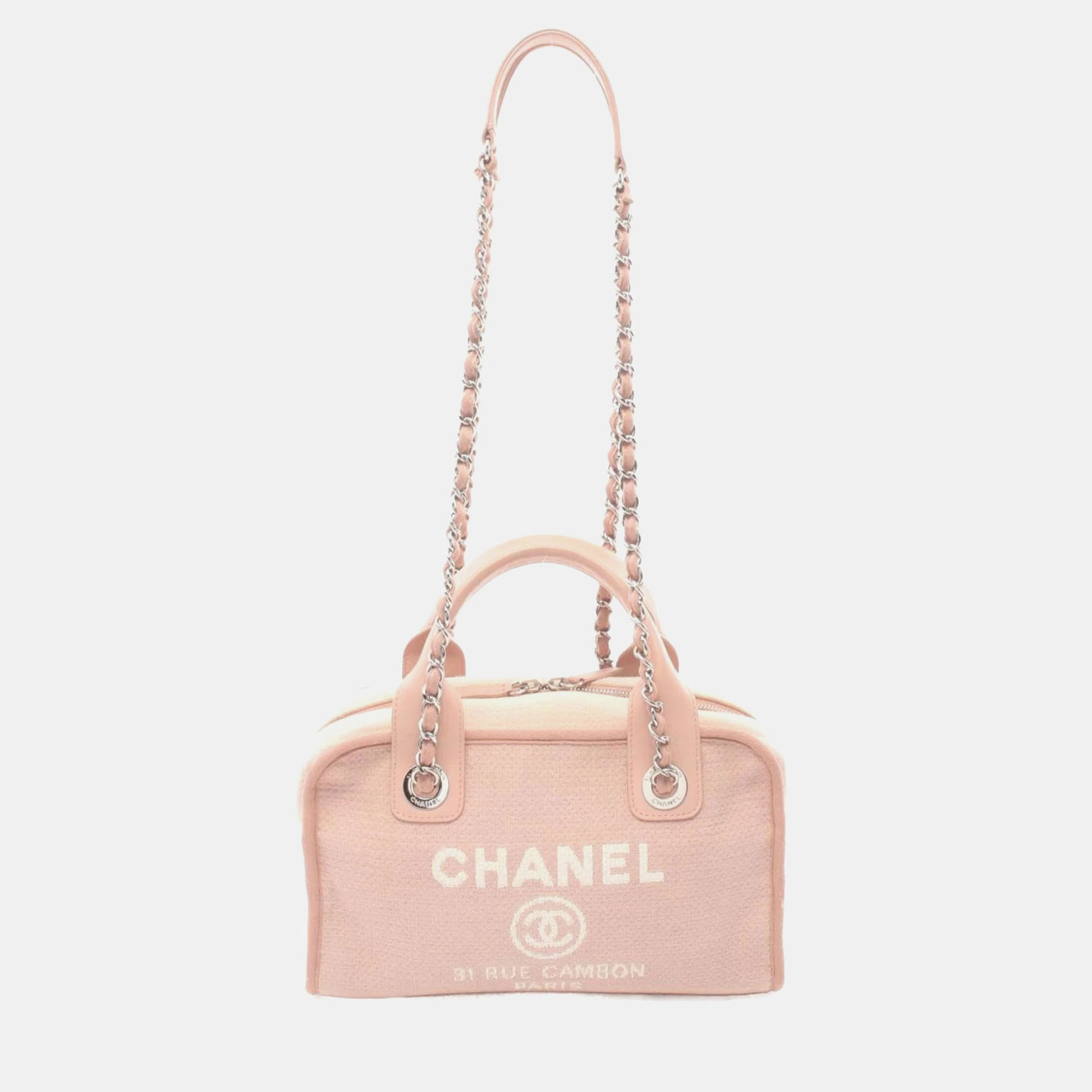 

Chanel Pink Canvas Leather Deauville Bowling Bag