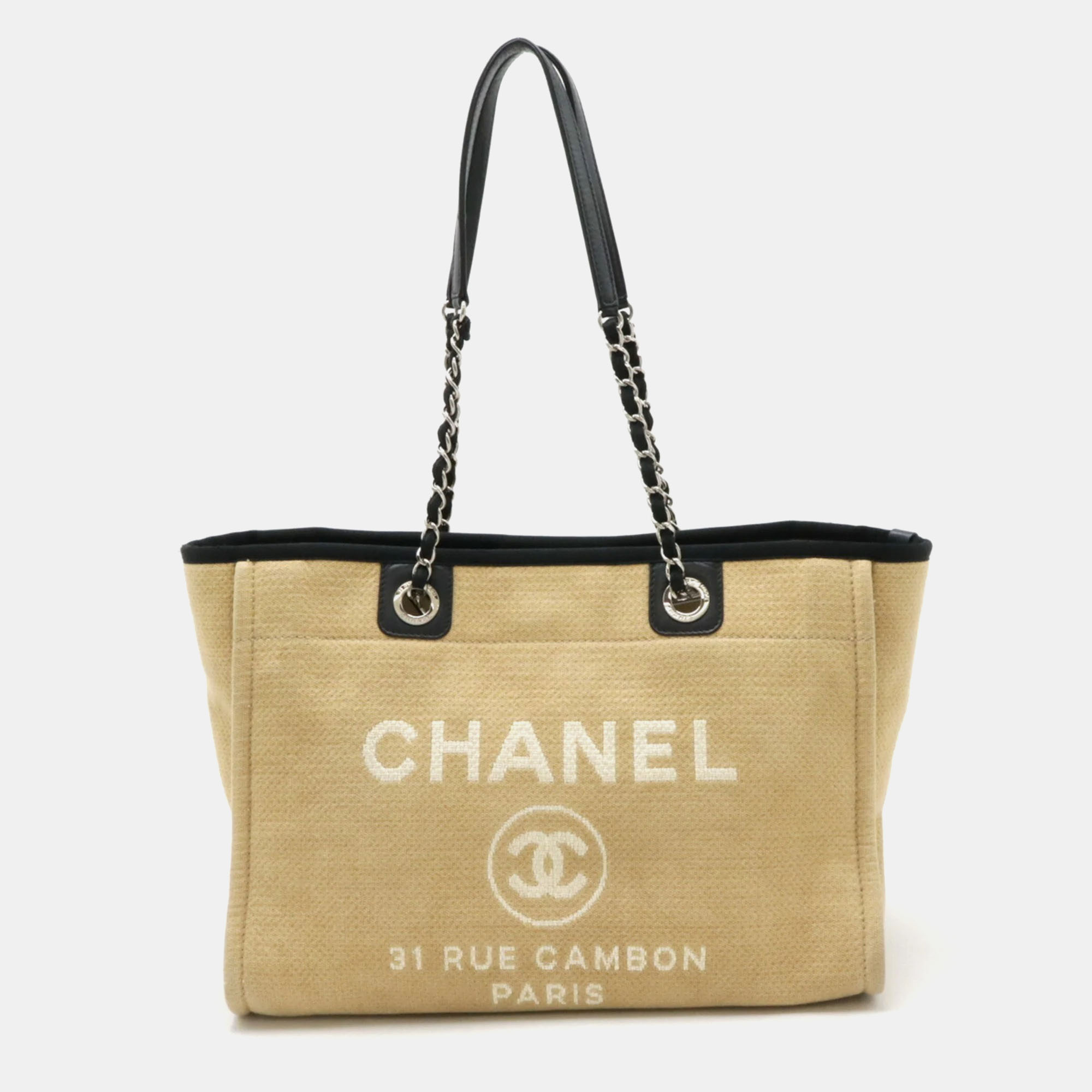 

Chanel Beige Black Deauville Line Medium Tote MM Bag