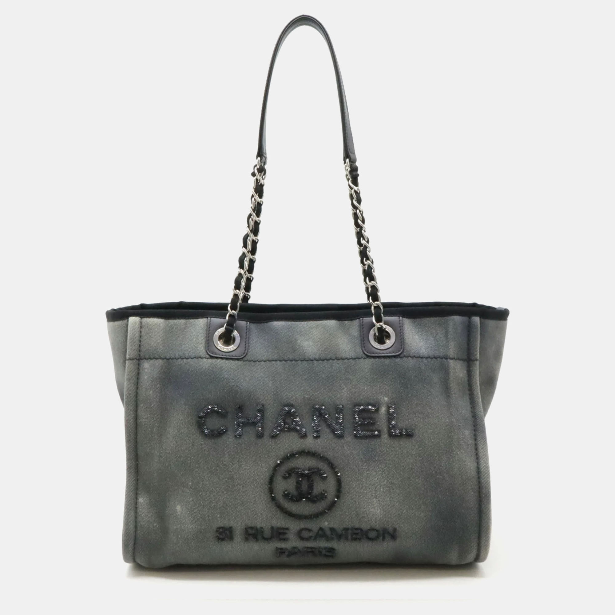 

Chanel Gray Black Sequin Canvas Deauville Line Medium Tote MM Bag, Grey