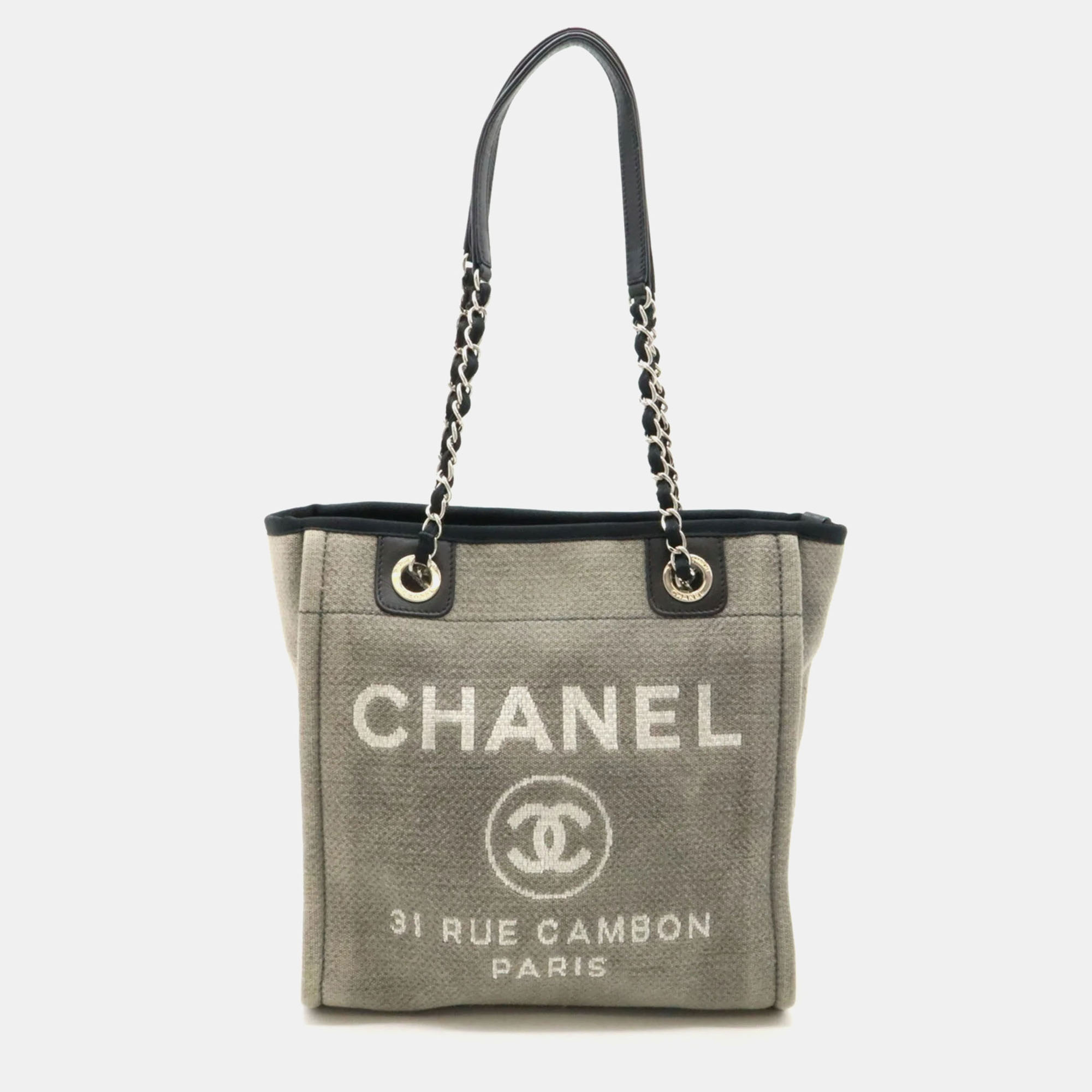 

Chanel Gray Black Canvas Leather Deauville Tote Bag, Grey