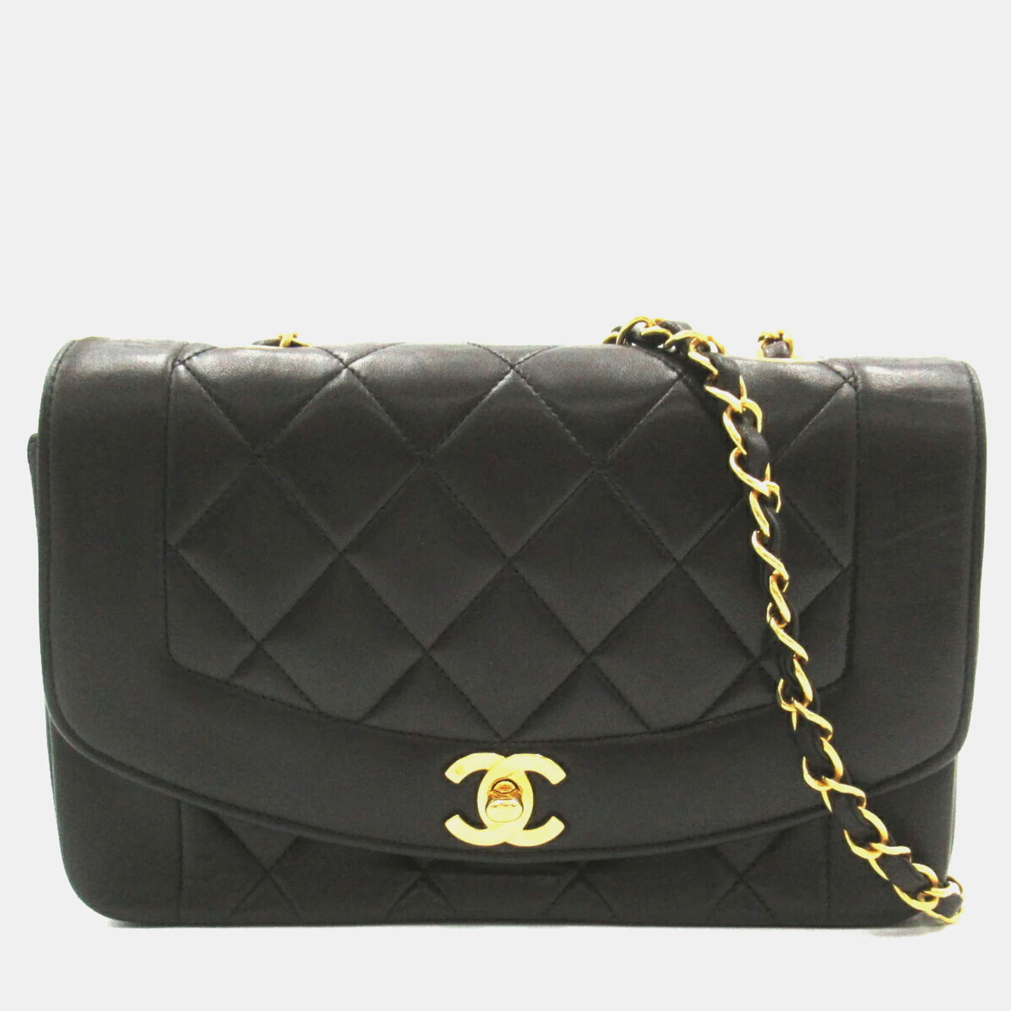 

Chanel Black Lambskin (Sheepskin) Matelasse Diana Chain Shoulder Bag