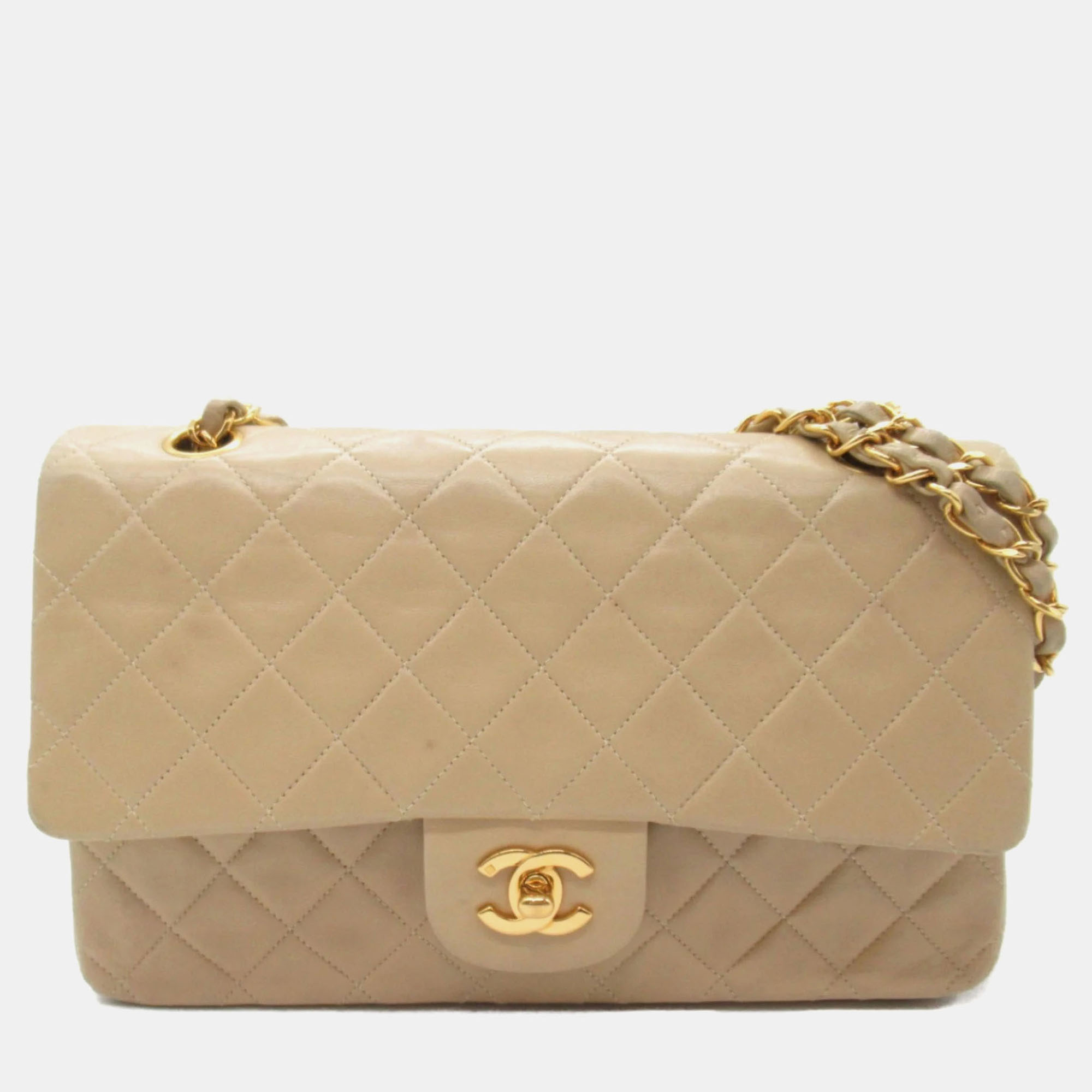 

Chanel Beige Lambskin (Sheepskin) Matelasse Double Flap Chain Shoulder Bag