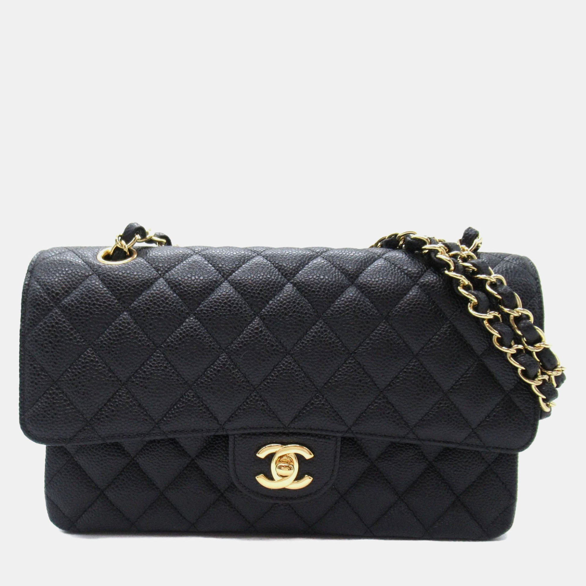 

Chanel Black Caviar Skin (Grained Calf) Matelasse Double Flap Chain Shoulder Bag