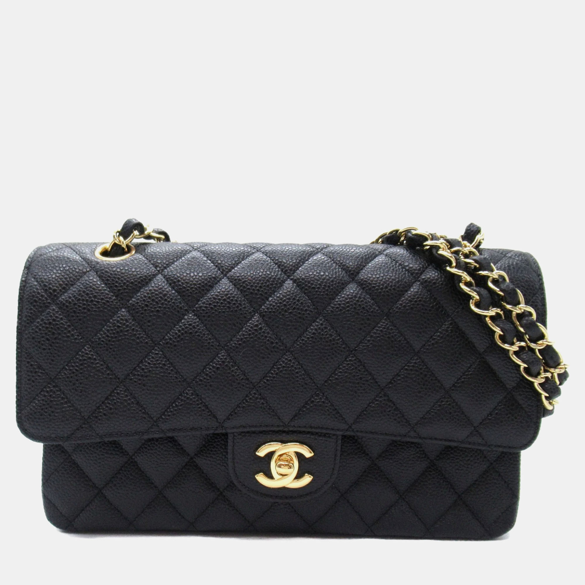 

Chanel Black Caviar Skin (Grained Calf) Matelasse Double Flap Chain Shoulder Bag