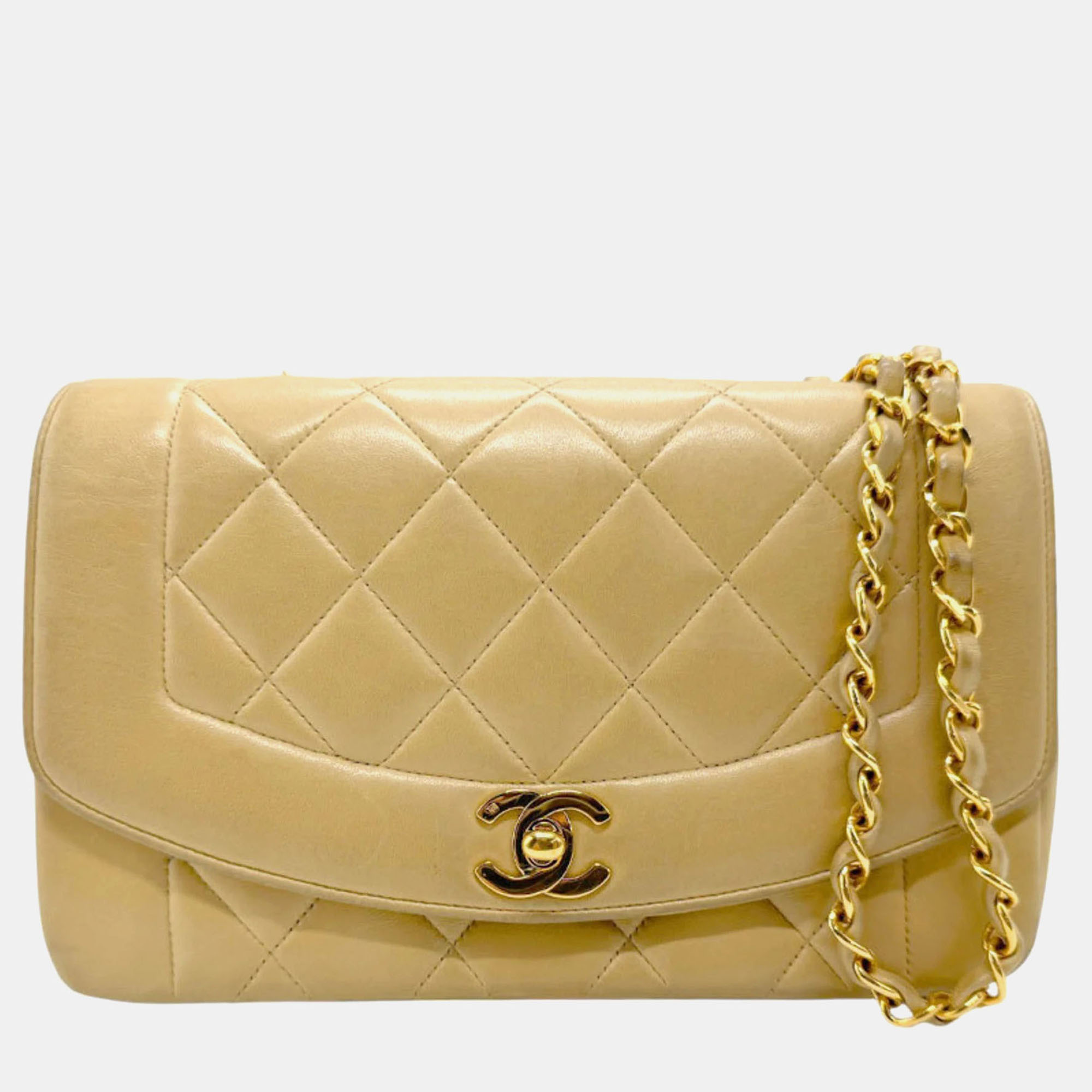 

Chanel Beige Gold Lambskin Matelasse Diana 22 Shoulder Bag