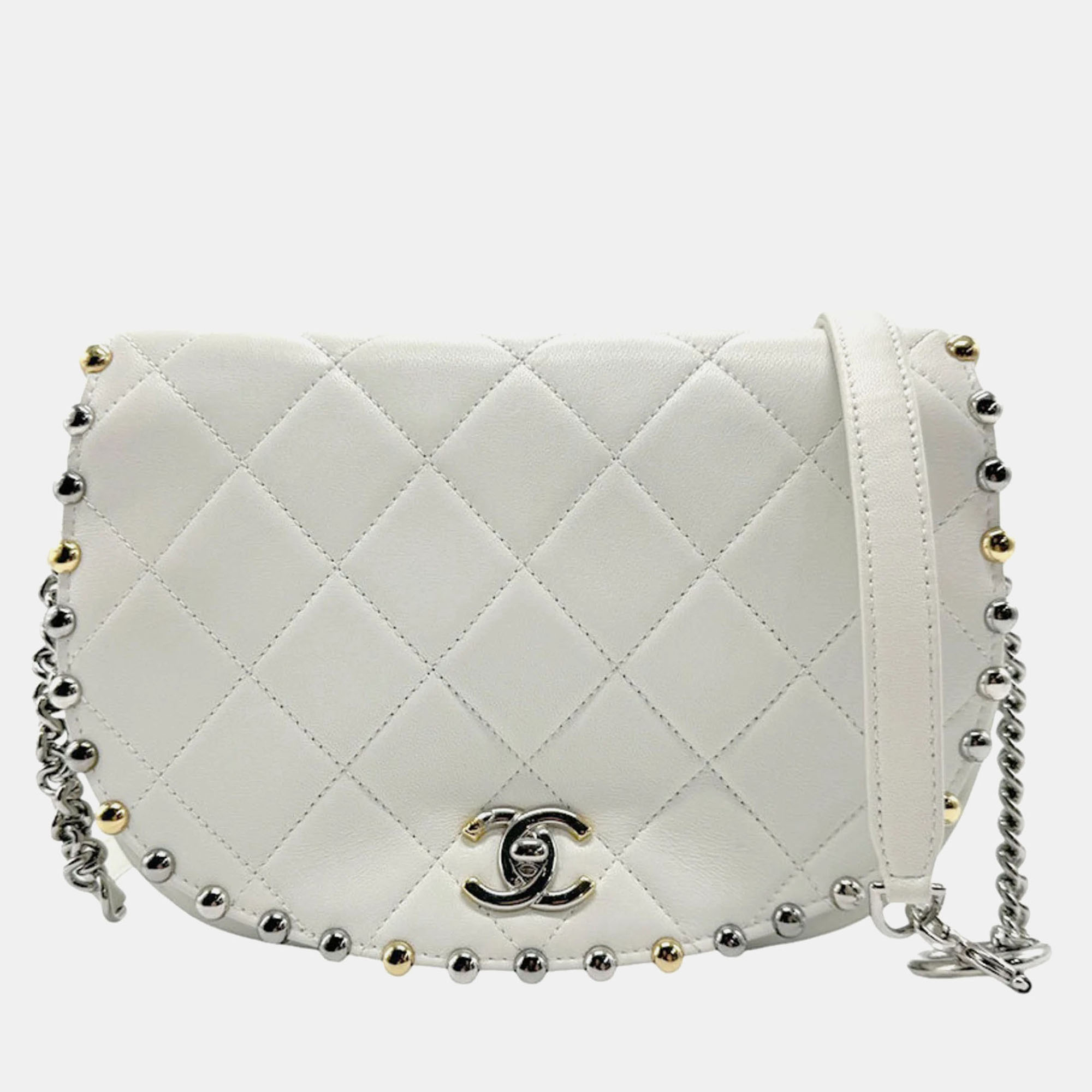 

Chanel Off-White Silver Gold Leather Matelasse Shoulder Bag