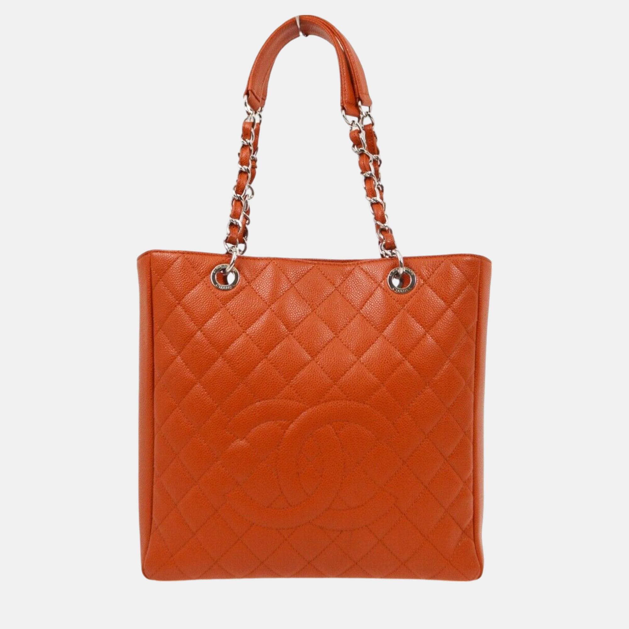 

Chanel Orange Calfskin Petite Shopping Tote PST Handbag