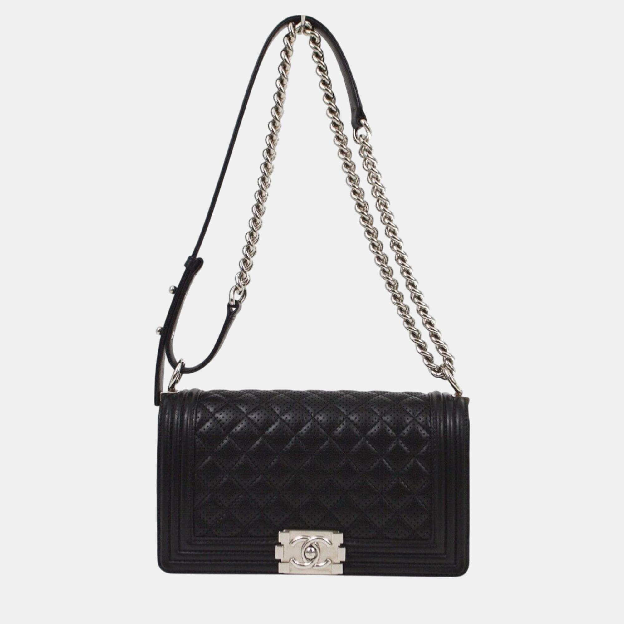 

Chanel Black Lambskin Perforated Boy Medium Double Chain Shoulder Bag