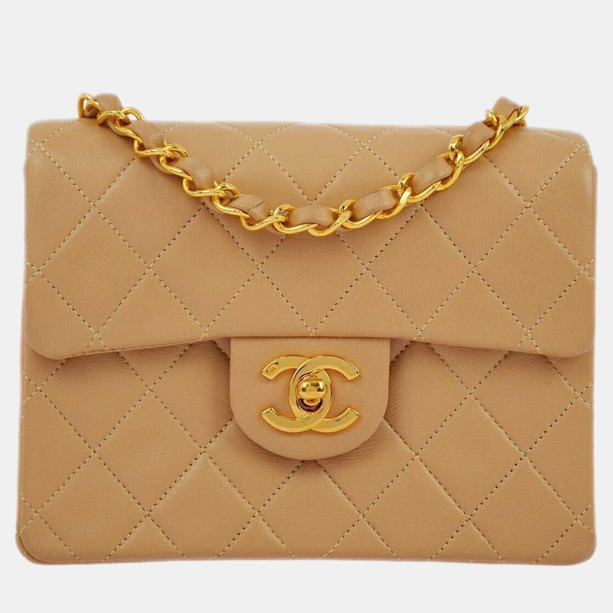 

Chanel Beige Lambskin Mini Classic Square Flap Shoulder Bag 17