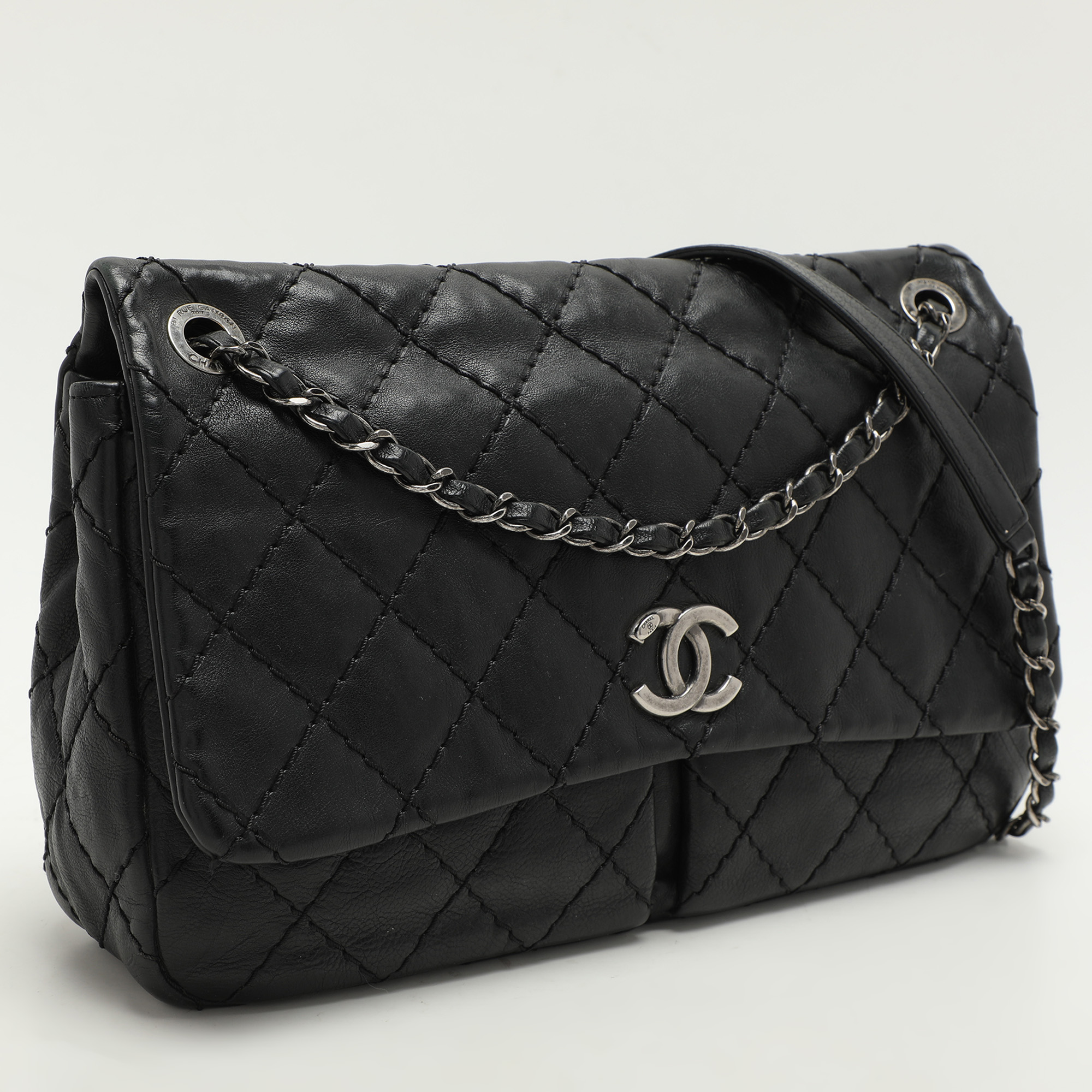 Chanel Black Wild Stitch Quilted Leather CC Split Pocket Shoulder Bag 