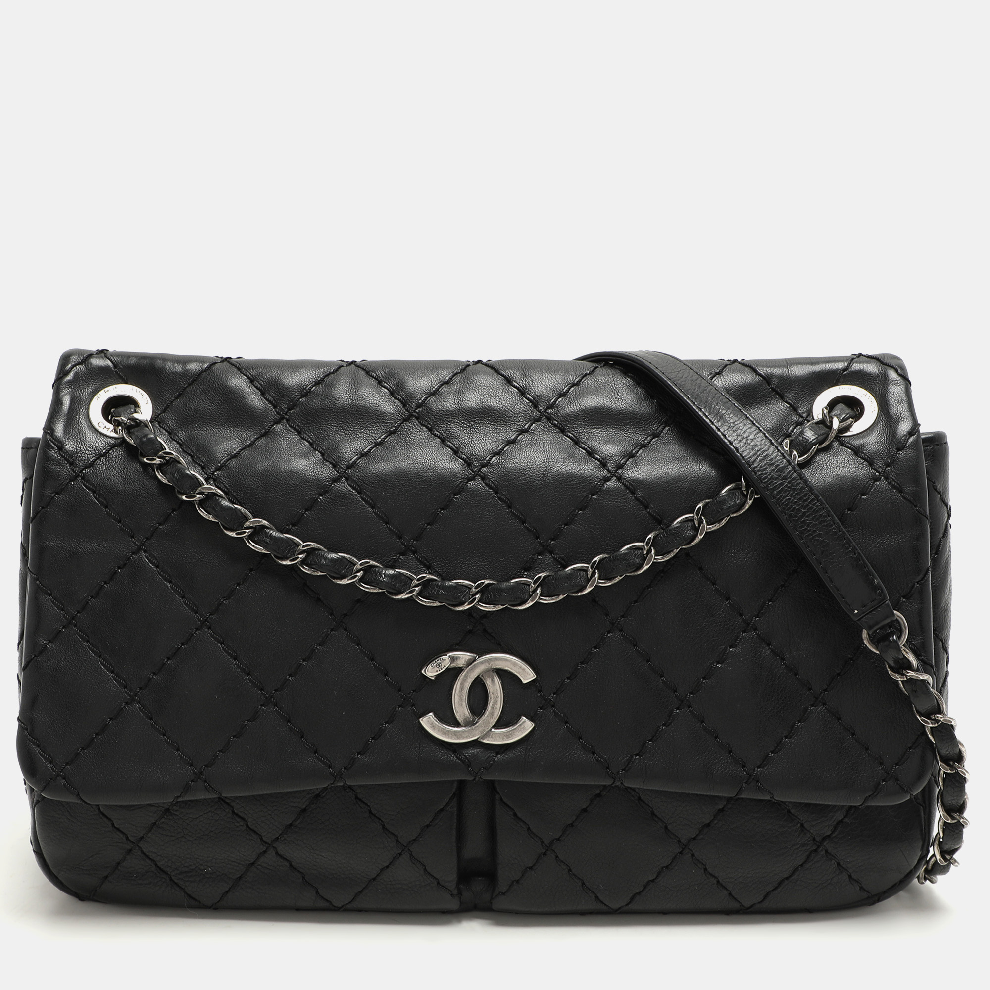 

Chanel Black Wild Stitch Quilted Leather CC Split Pocket Shoulder Bag