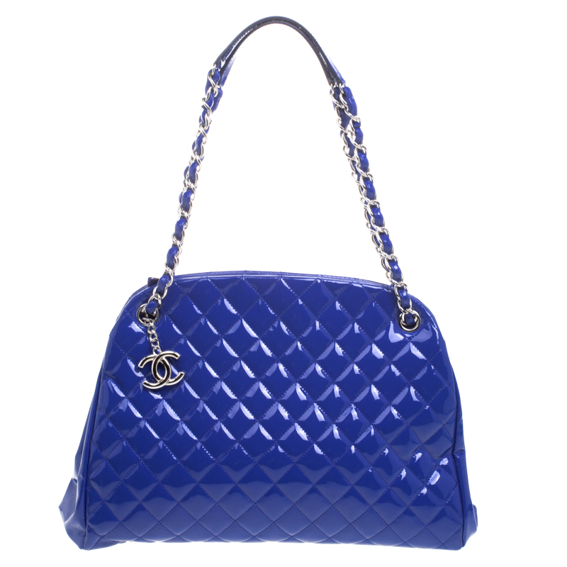 Pre Owned Chanel Blue Quilted Patent Leather Just Mademoiselle Bowling Bag
