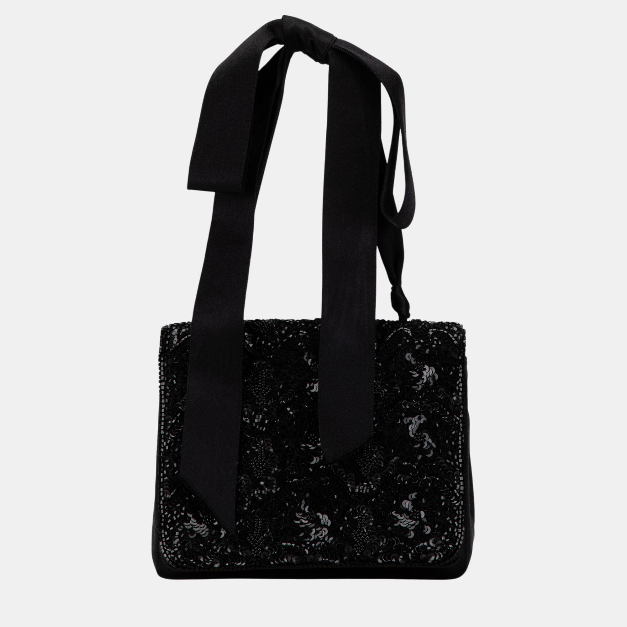 

Chanel Black Satin Sequin Camellia Crossbody