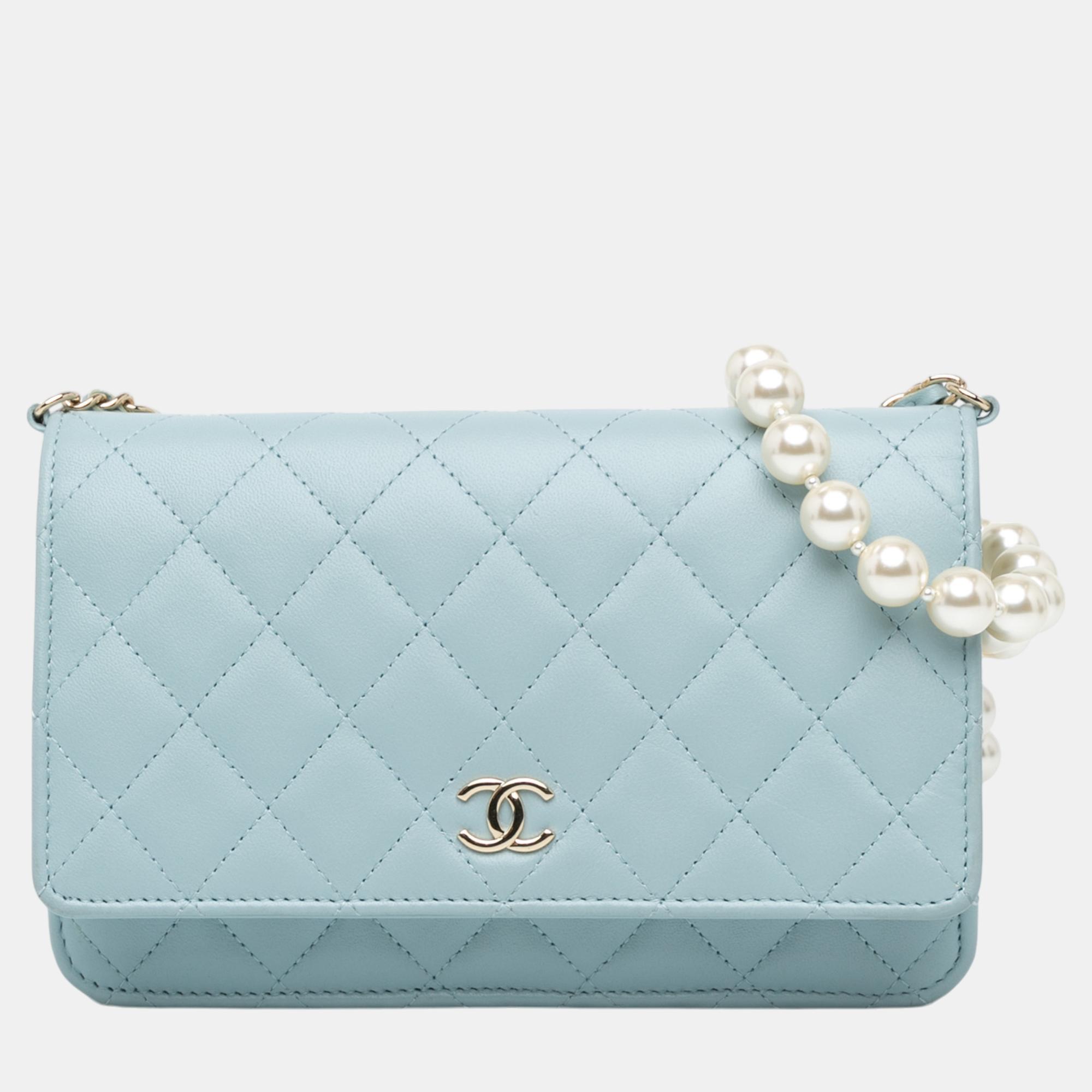 

Chanel Blue CC Lambskin Pearl Wallet On Chain