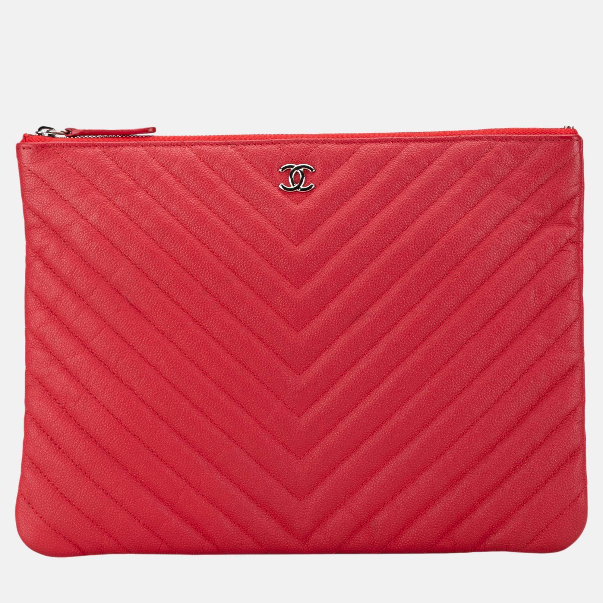 

Chanel Red Medium Chevron Caviar O Case Clutch