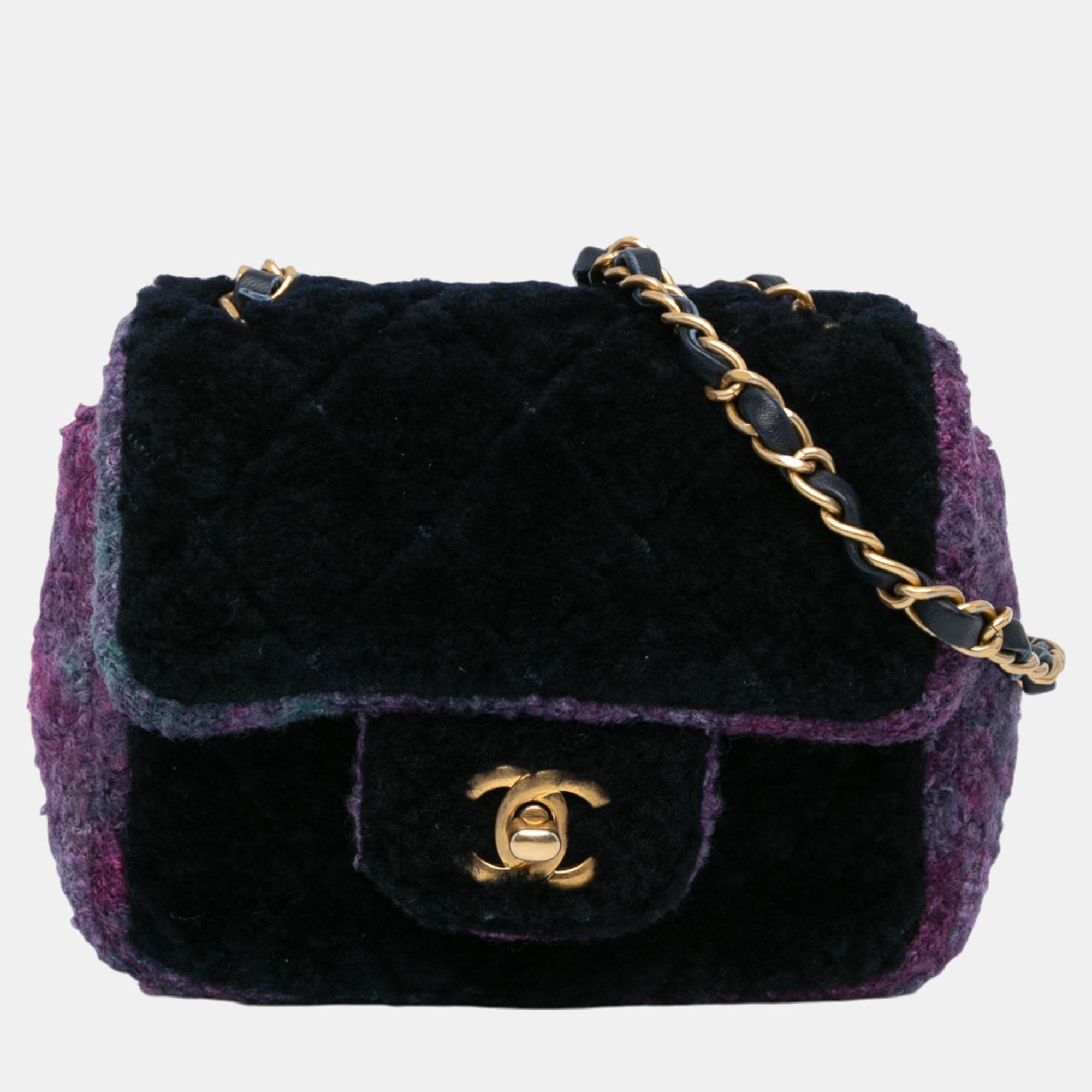 

Chanel Navy Blue/Purple Mini Square Classic Multicolor Shearling Single Flap