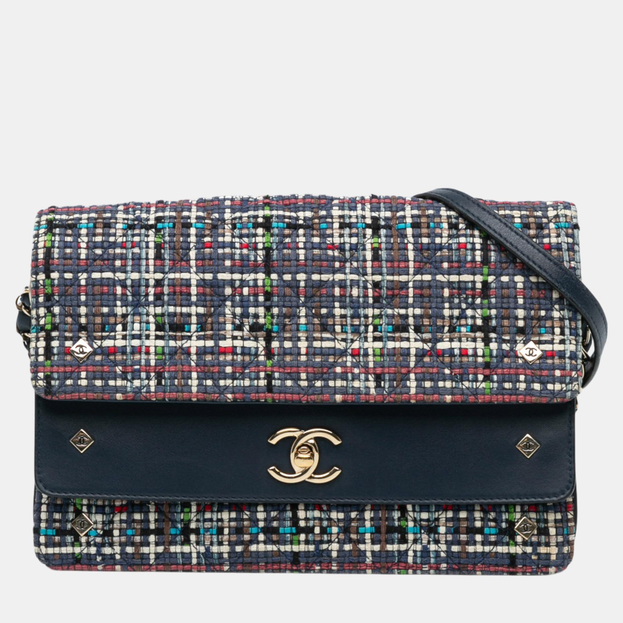 

Chanel Navy Blue CC Multicolor Tweed Double Flap