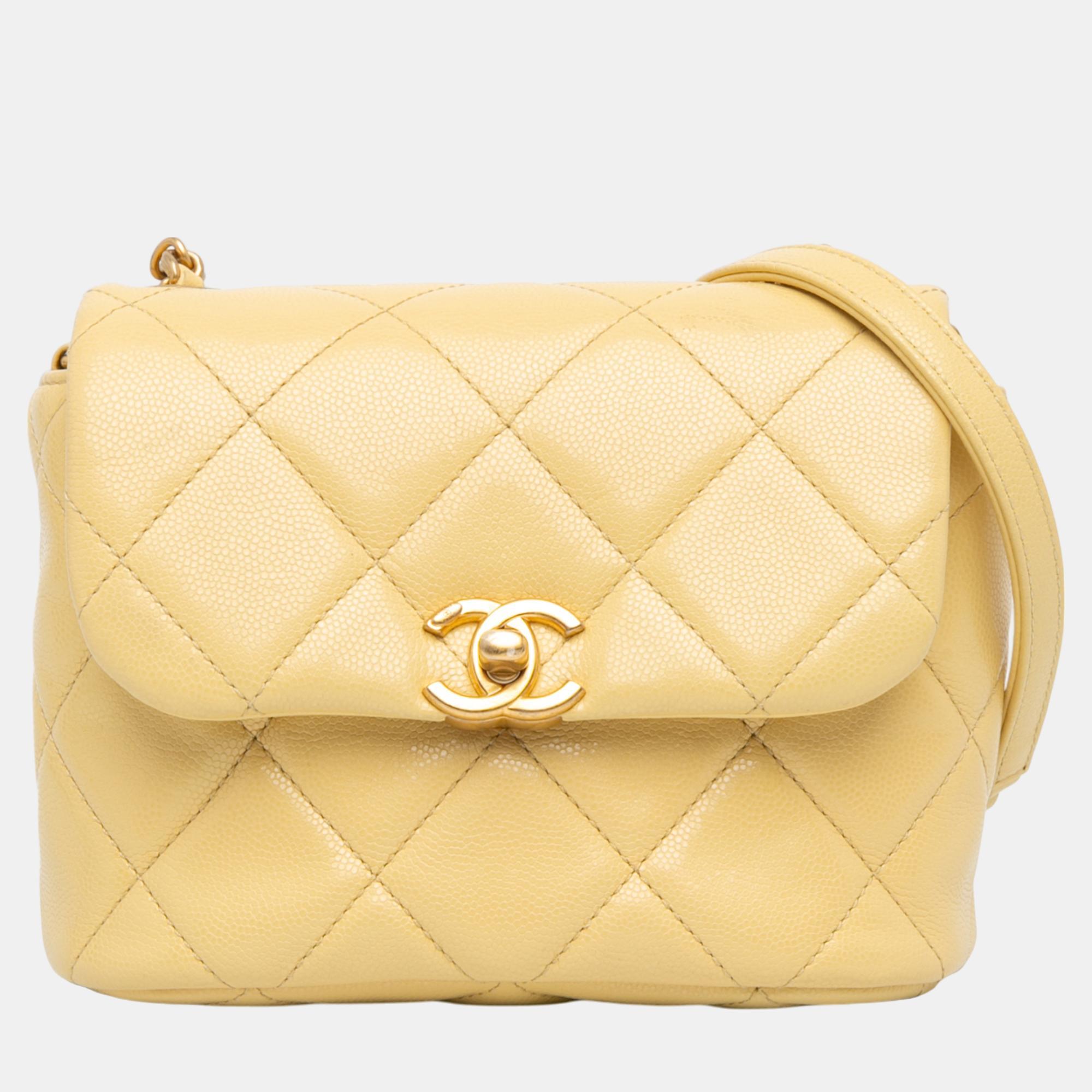 

Chanel Yellow Mini CC Quilted Caviar Flap