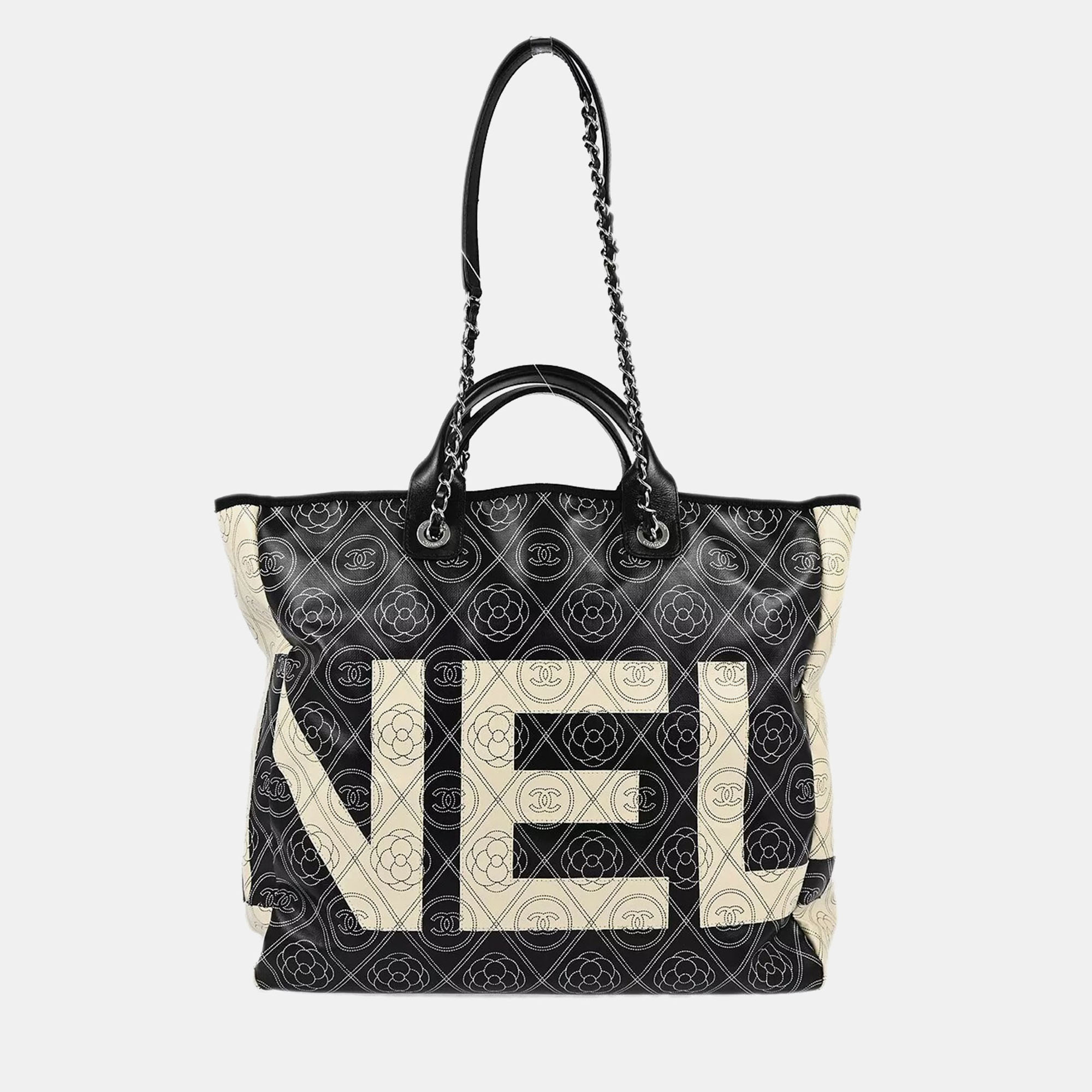 

Chanel Black Printed Coated Canvas Logo Camellia Shopping Tote Bag