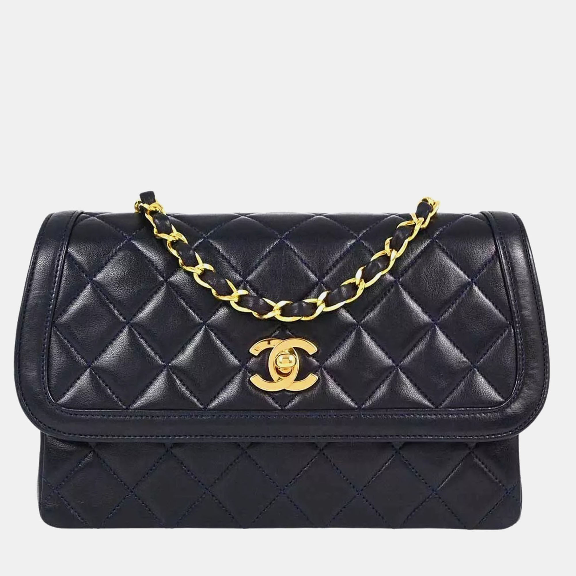 

Chanel Navy Lambskin Straight Flap Shoulder Bag, Navy blue