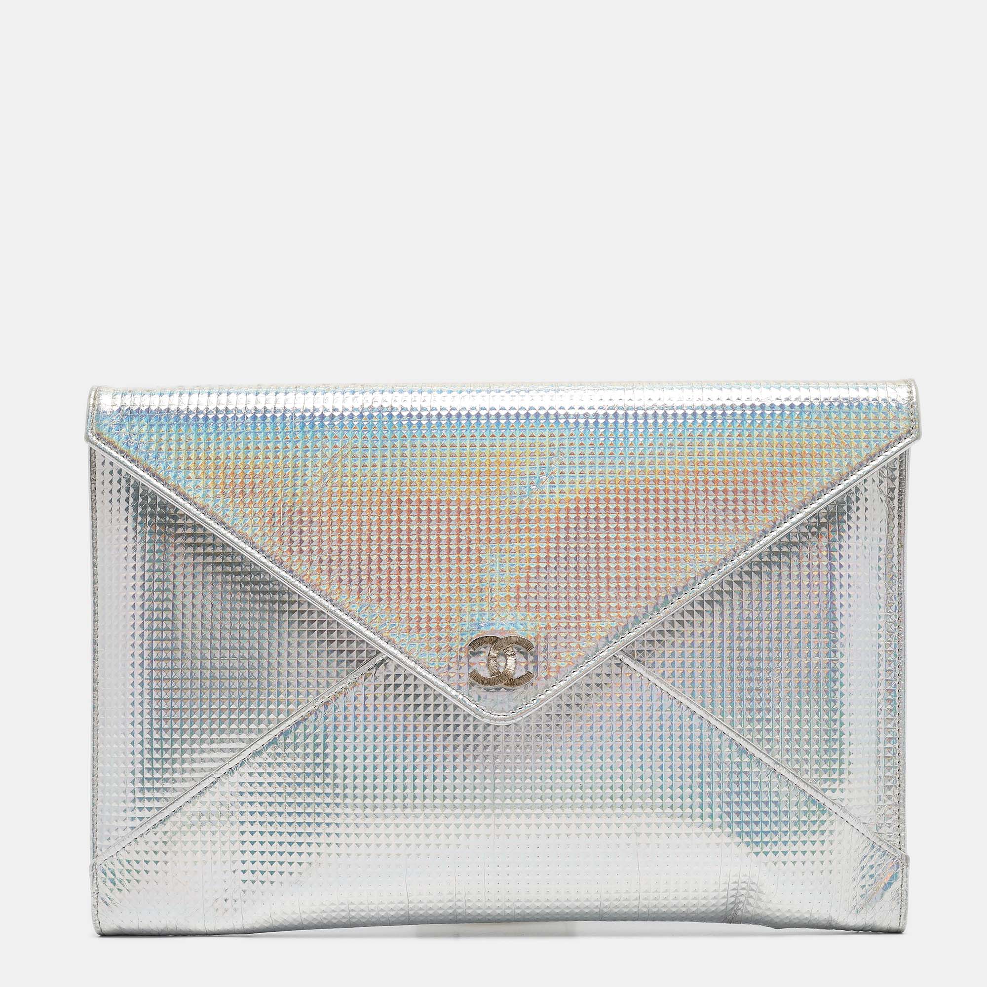 

Chanel Silver Iridescent Embossed Leather CC Envelope Clutch