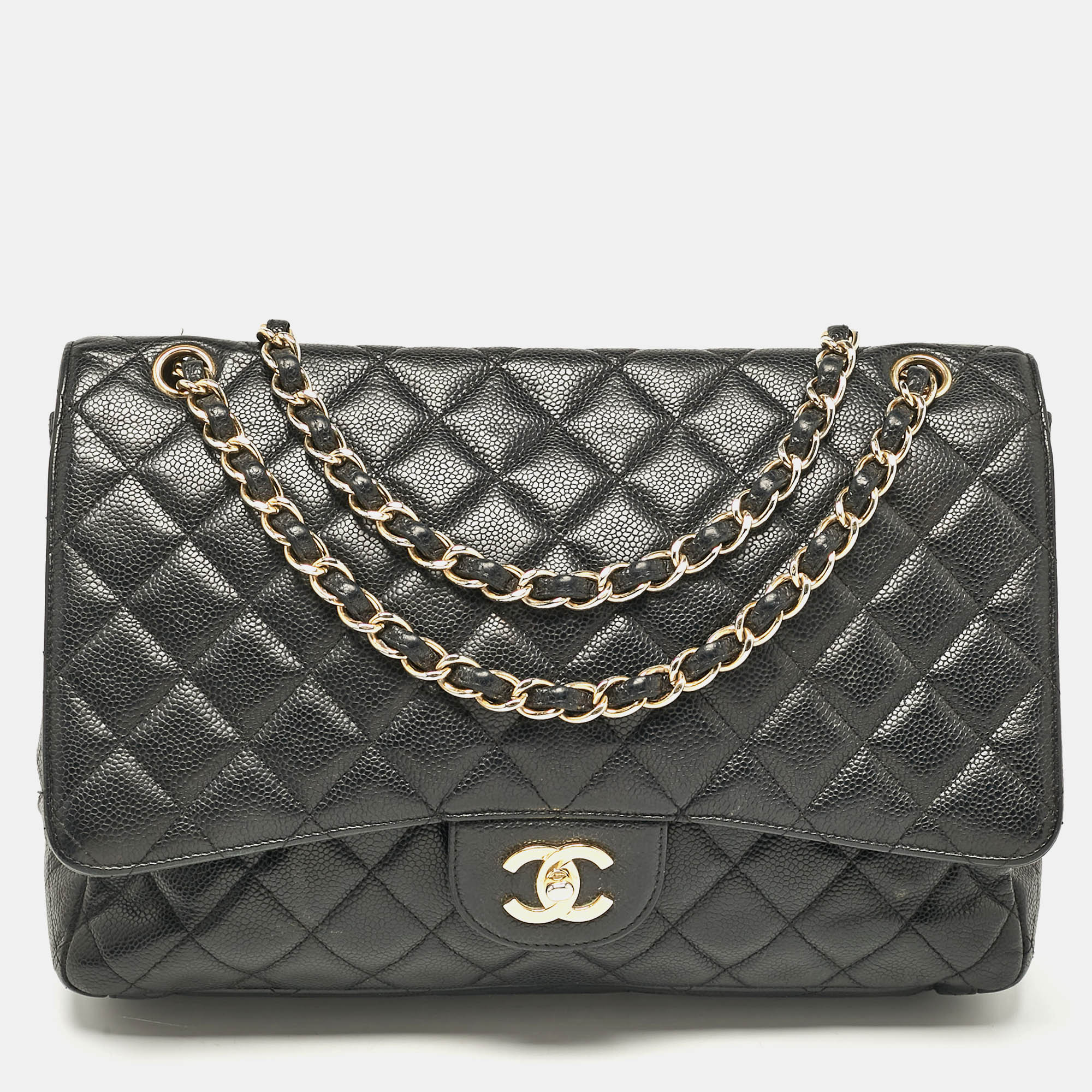 

Chanel Black Quilted Caviar Leather Maxi Classic Single Flap Bag