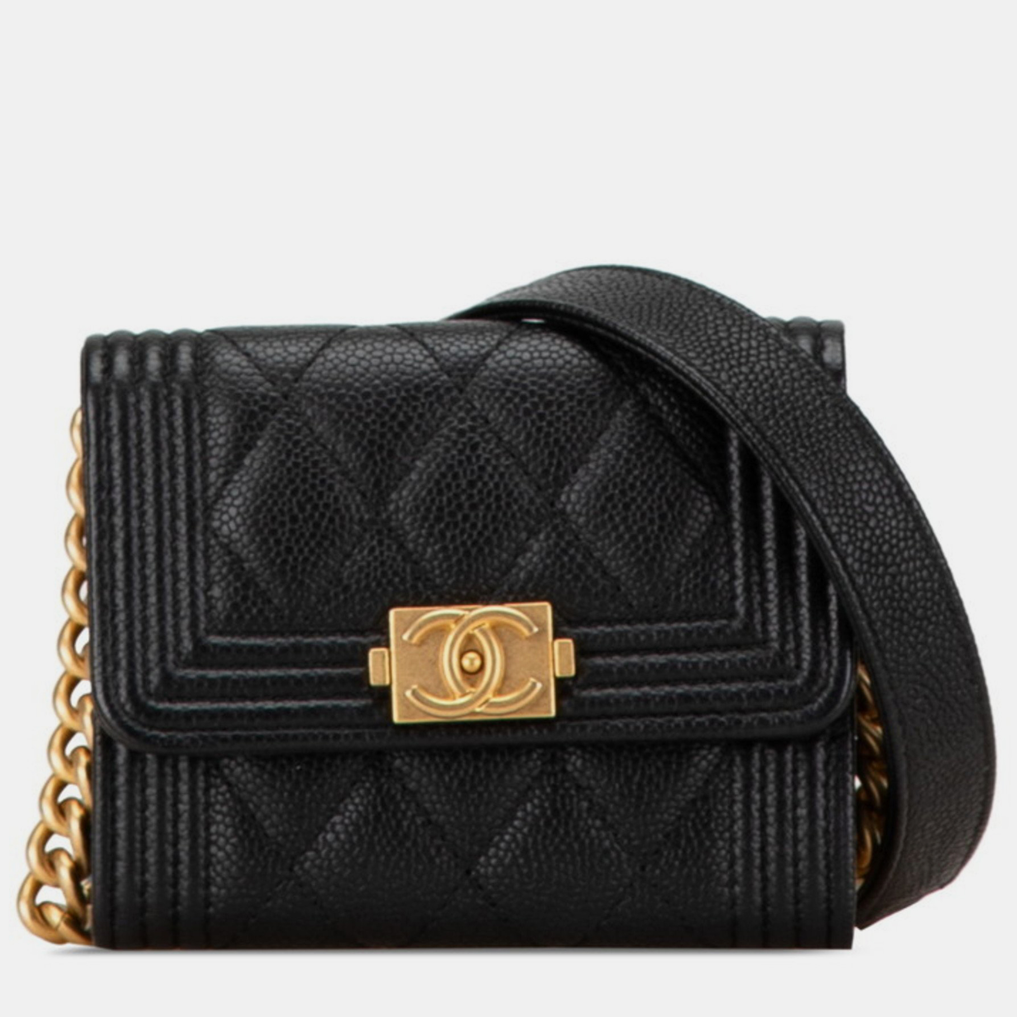 

Chanel Black Gold Caviar Skin Boy Chain Wallet Shoulder Bag