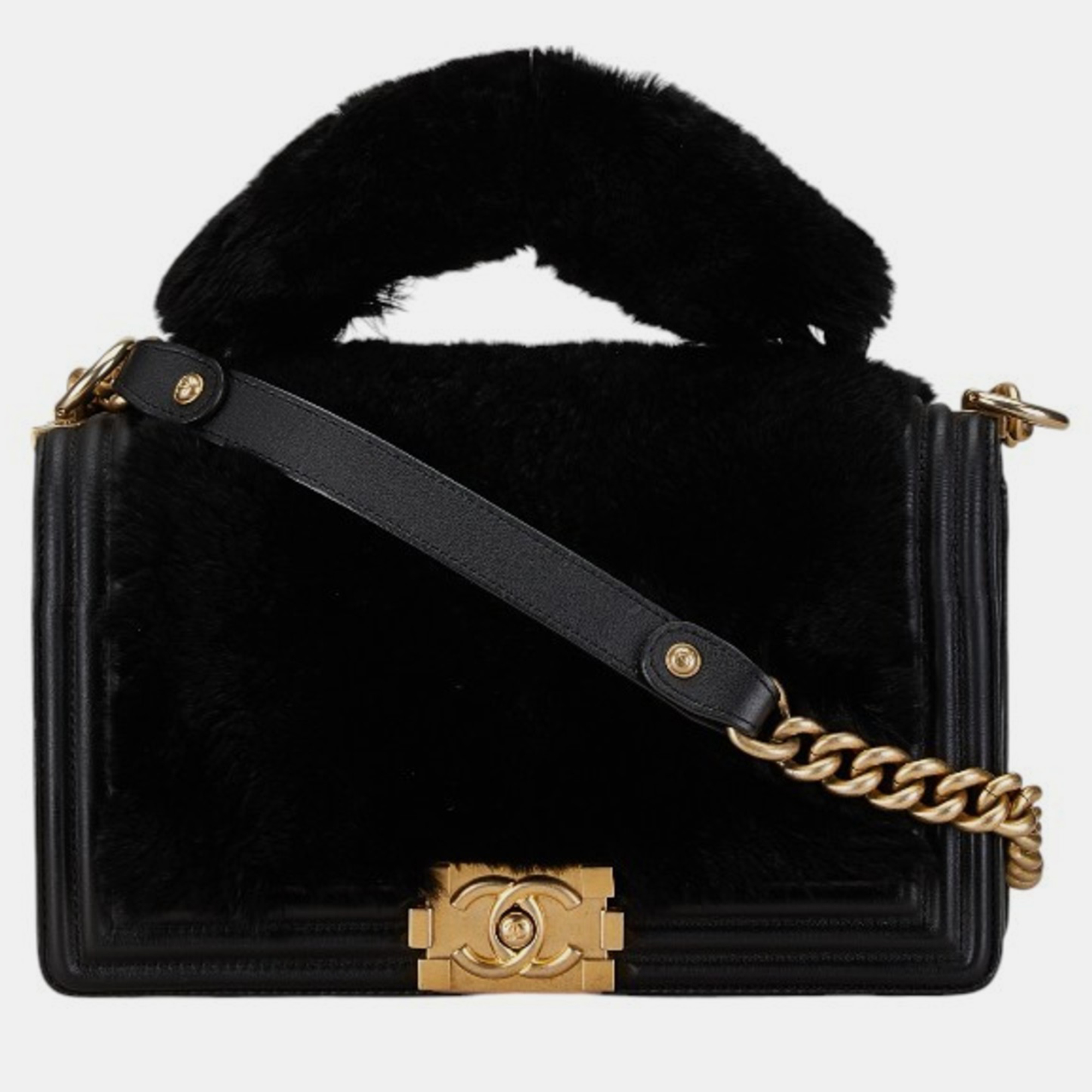 

Chanel Black Leather Fur Boy Chain Shoulder Bag
