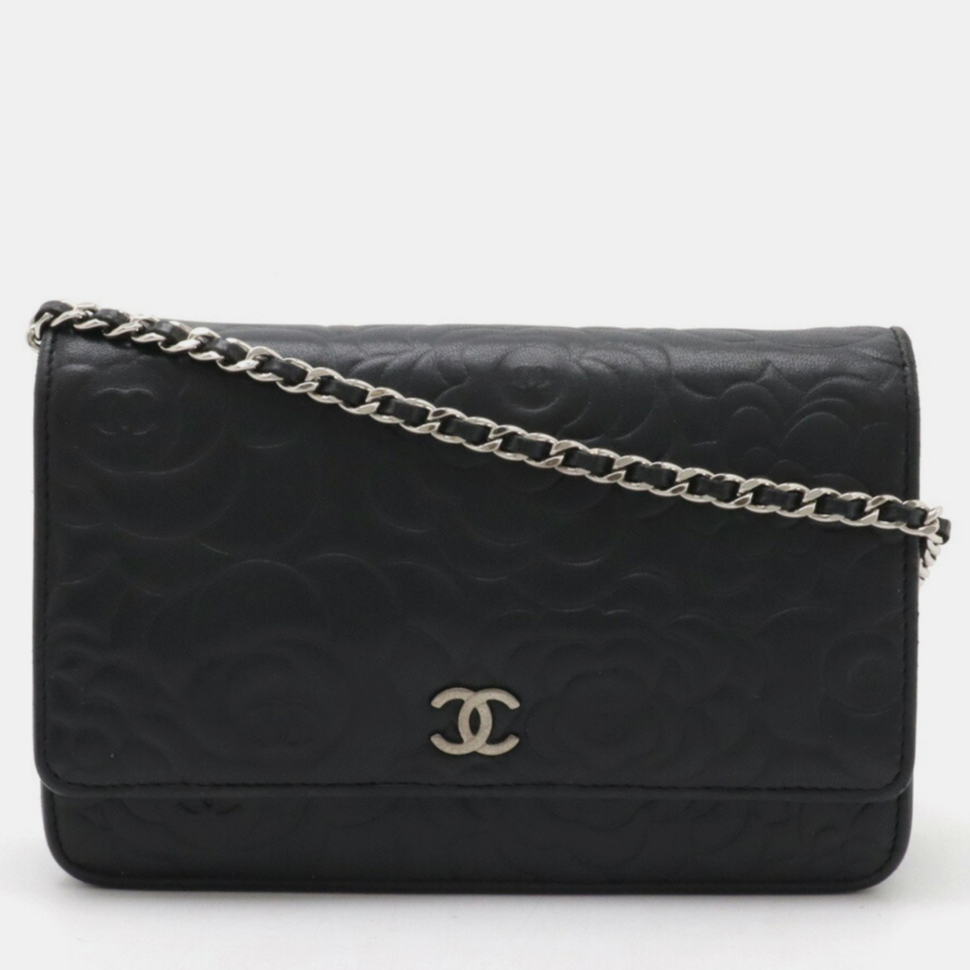 

Chanel Lambskin Leather Black Camellia Chain Wallet Bag