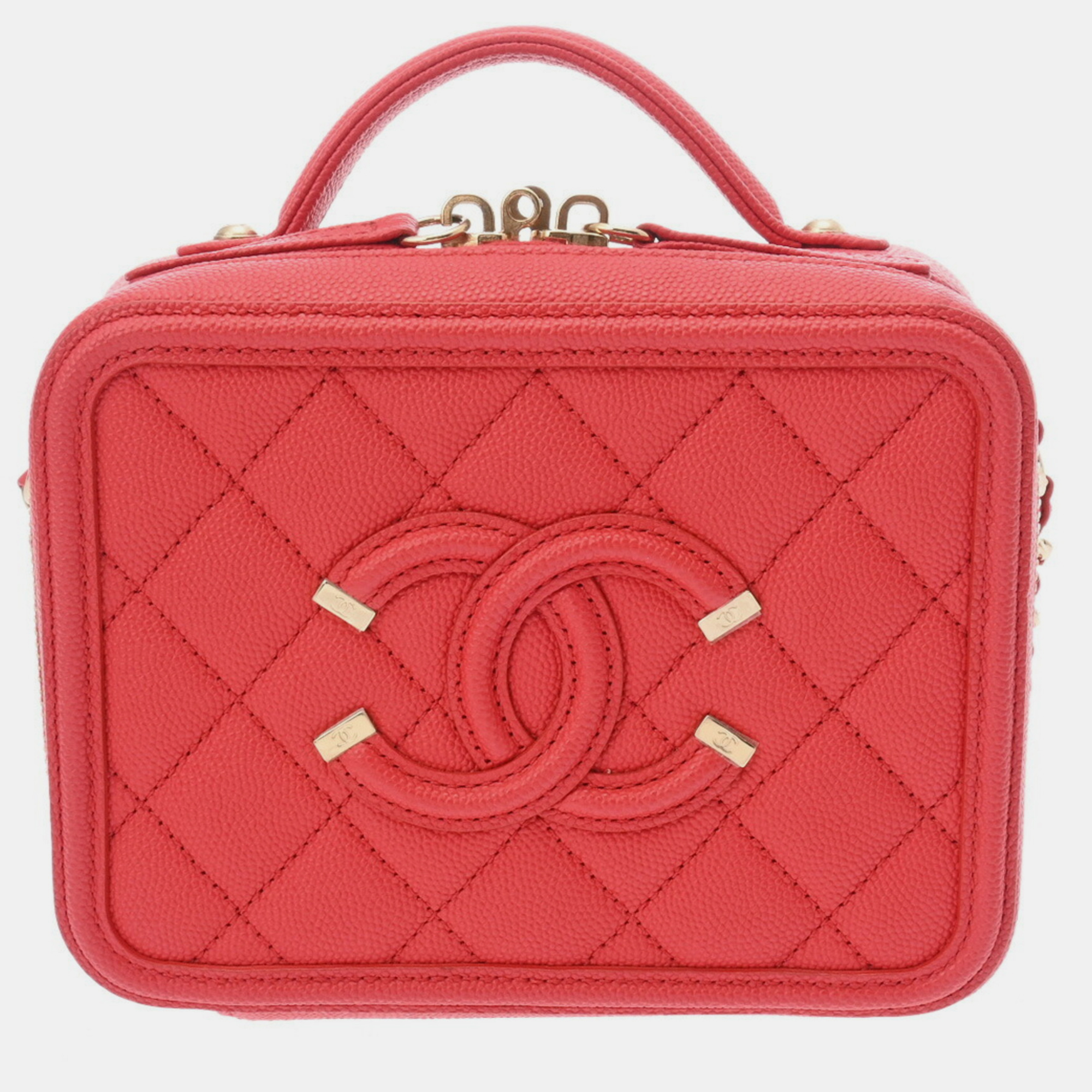 

Chanel Red Caviar Skin CC Filigree Small Vanity Chain Handbag